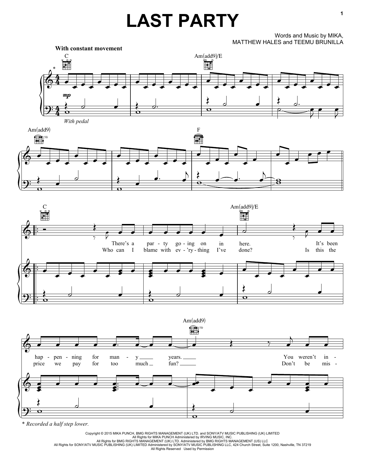 Last Party (Piano, Vocal & Guitar Chords (Right-Hand Melody)) von Mika