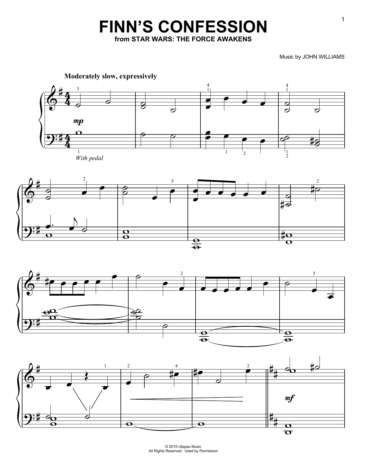 Finn's Confession (Easy Piano) von John Williams