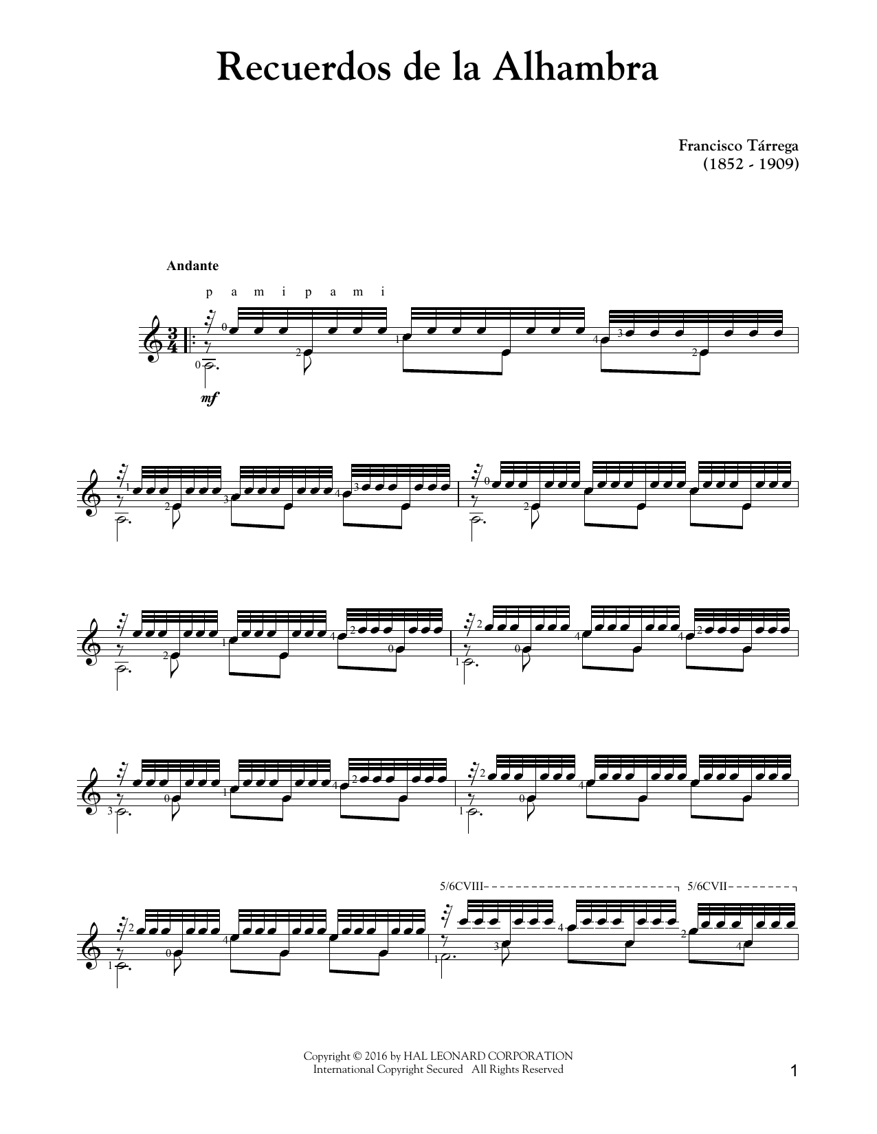 Recuerdos de la Alhambra (Solo Guitar) von Francisco Trrega