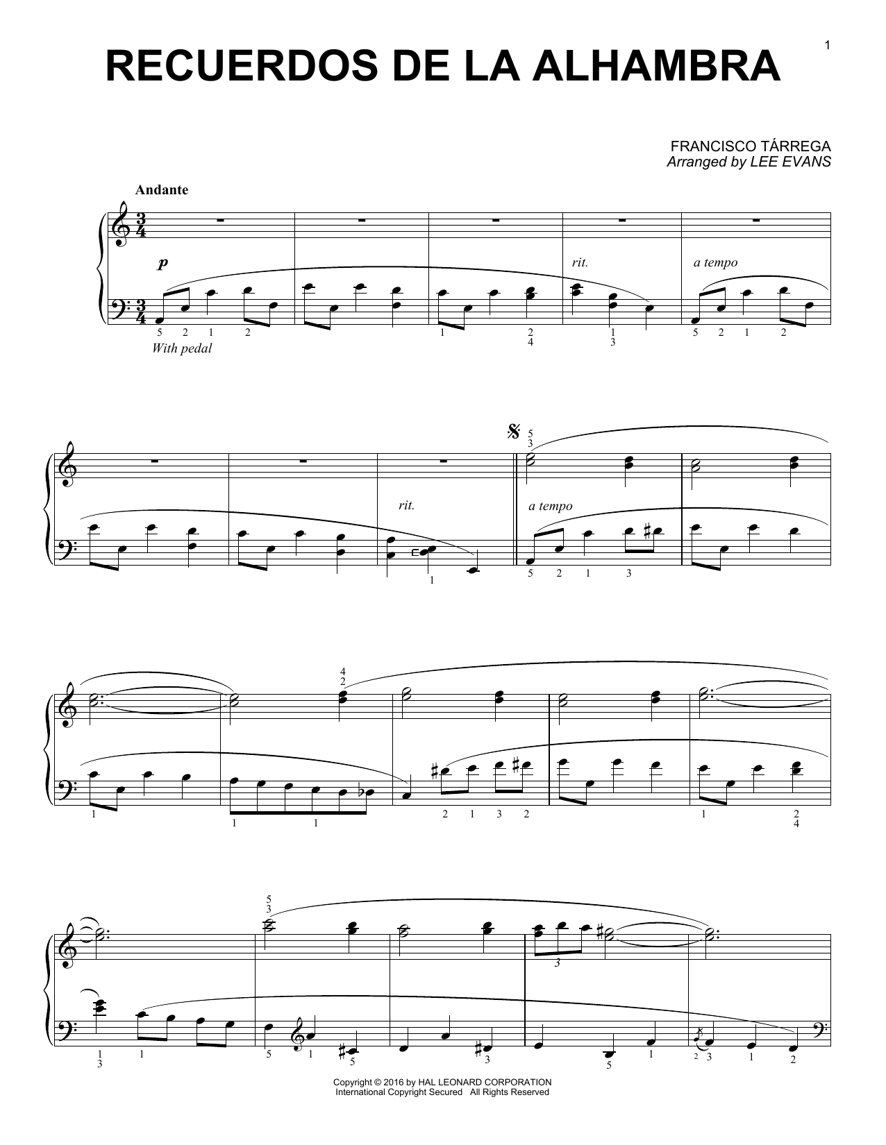Recuerdos de la Alhambra (arr. Lee Evans) (Piano Solo) von Francisco Trrega