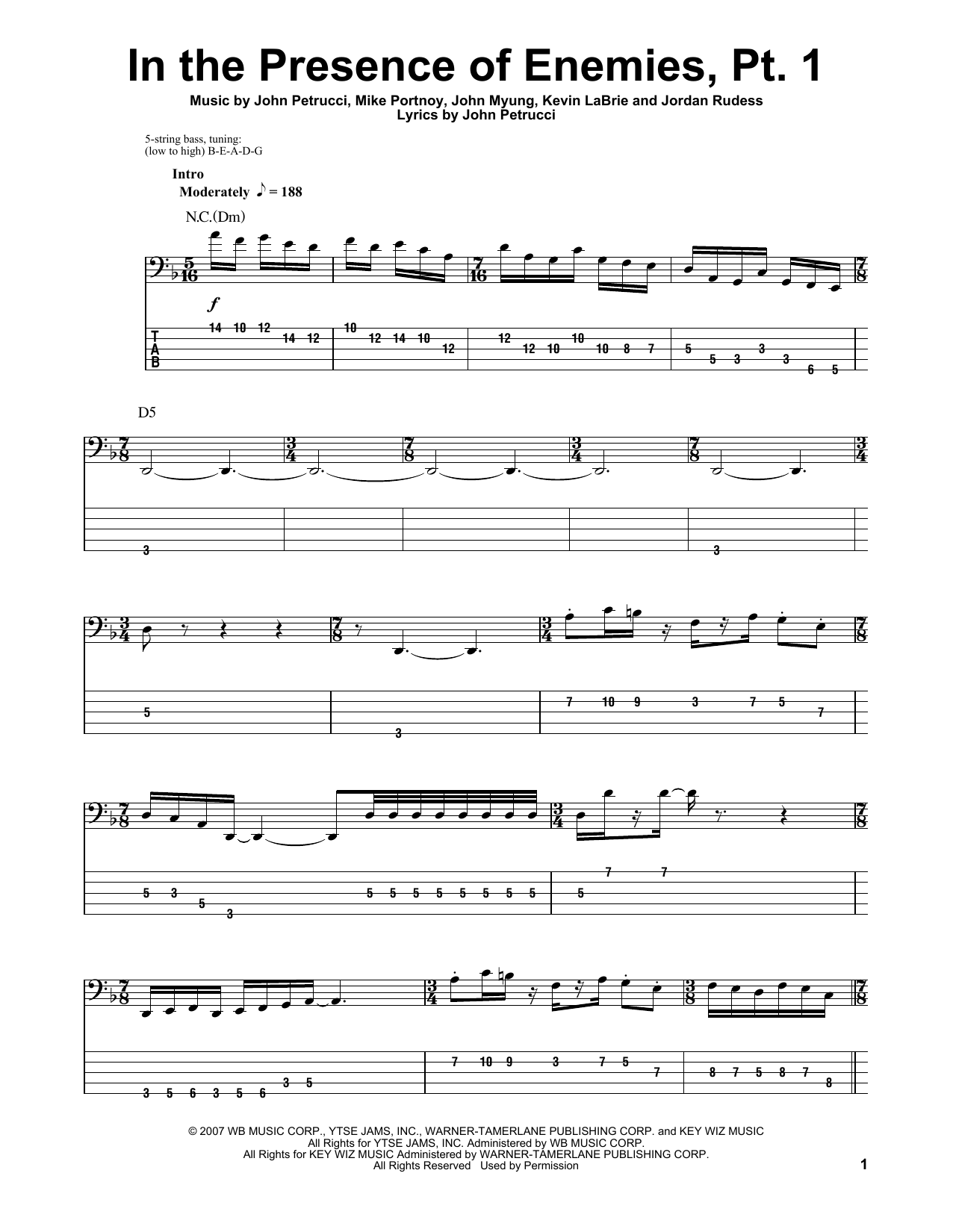In The Presence Of Enemies - Part 1 (Bass Guitar Tab) von Dream Theater