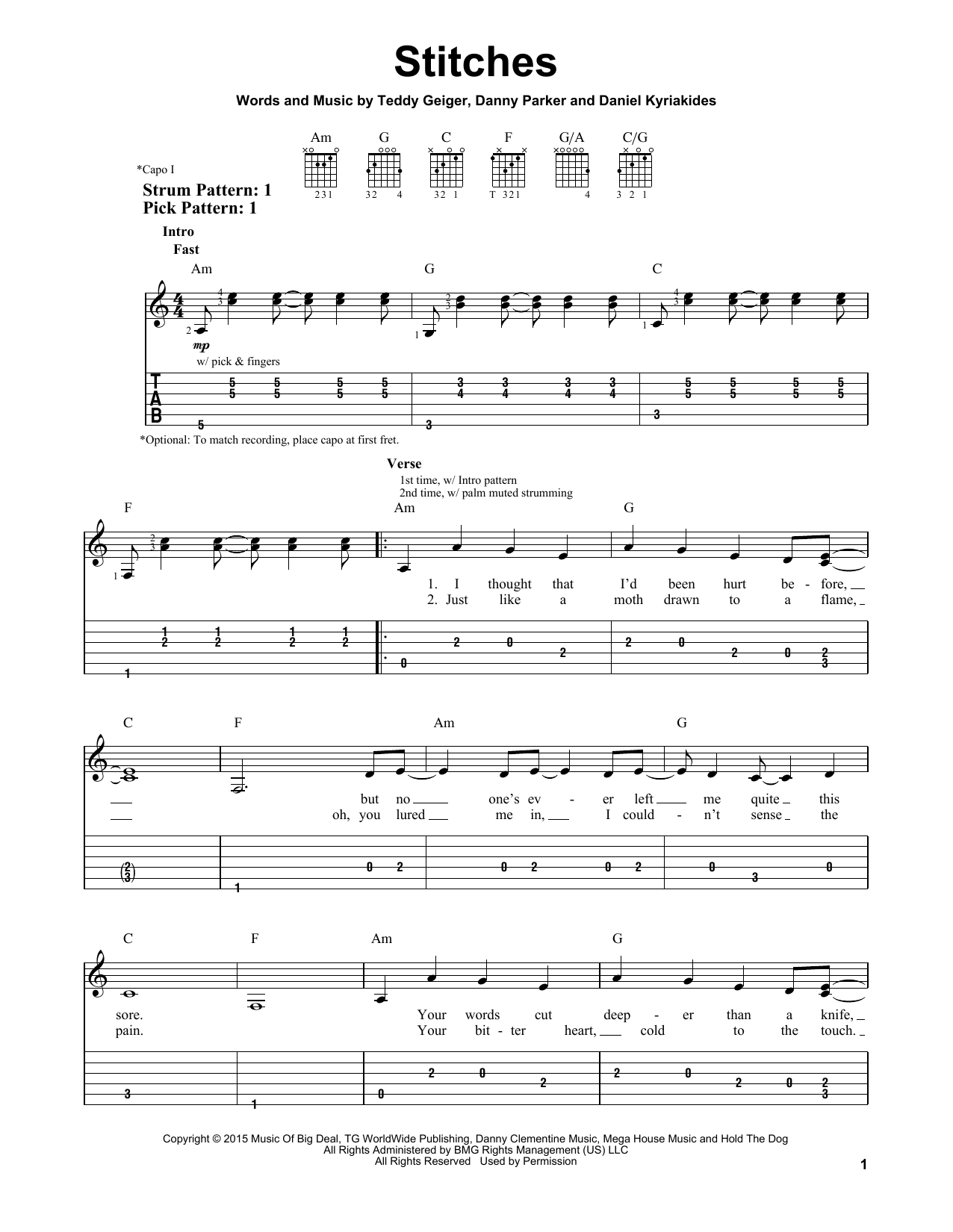 Stitches (Easy Guitar Tab) von Shawn Mendes