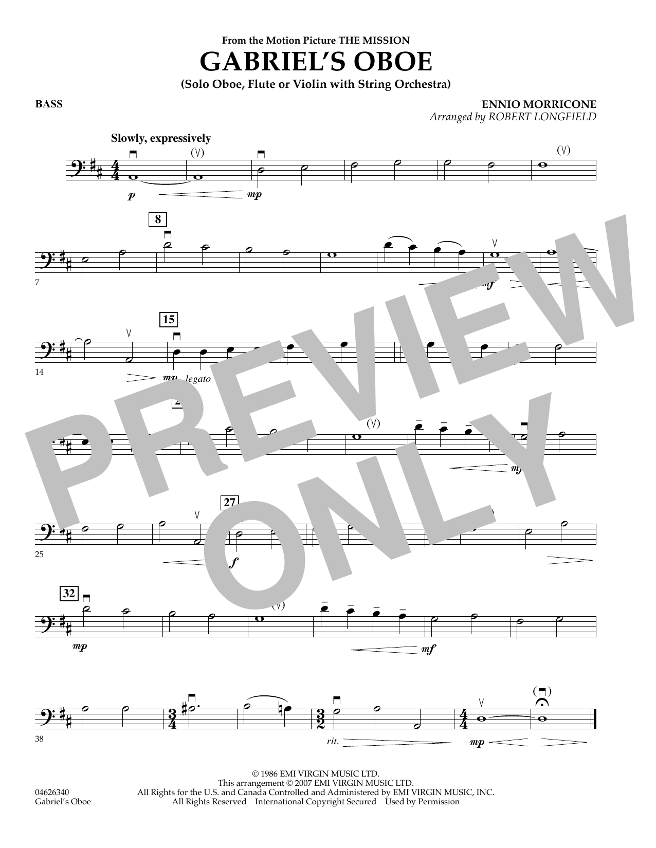 Gabriel's Oboe (from The Mission) - Bass (Orchestra) von Robert Longfield