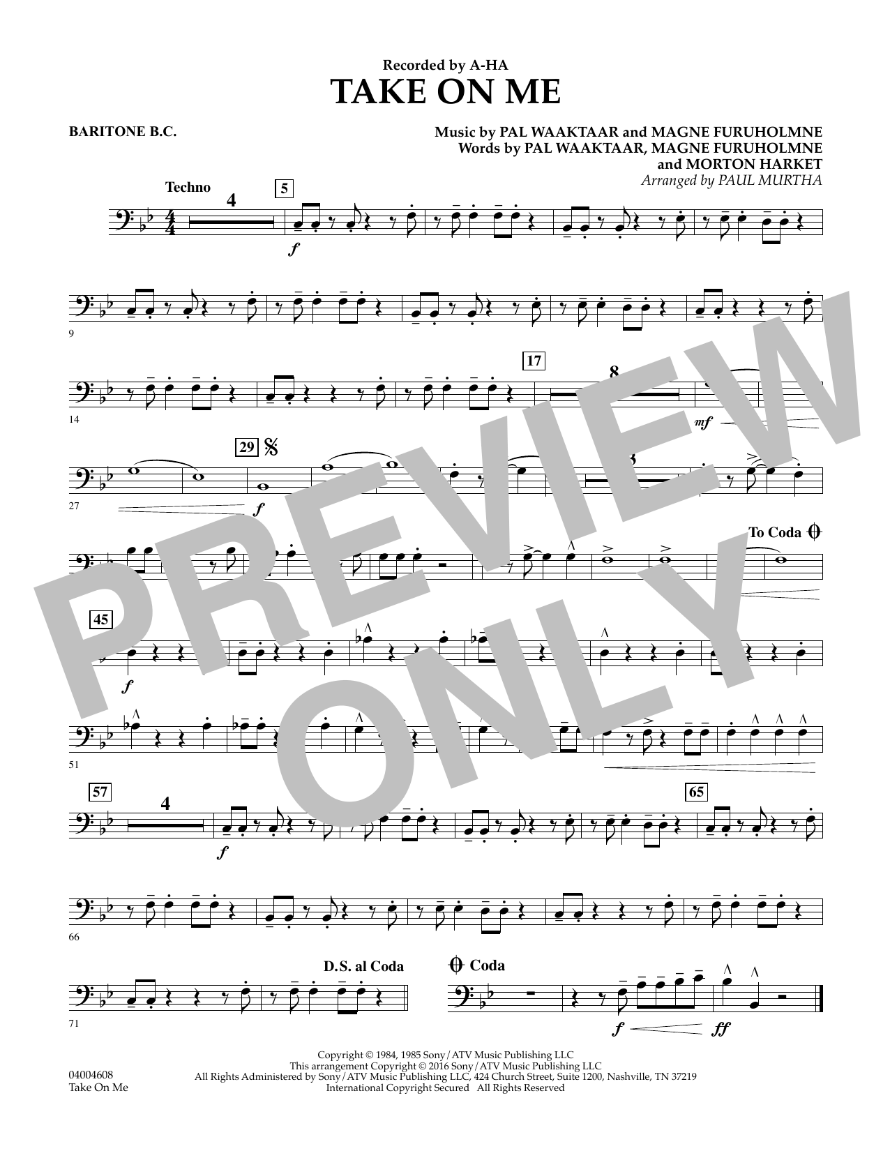 Take on Me - Baritone B.C. (Concert Band) von Paul Murtha