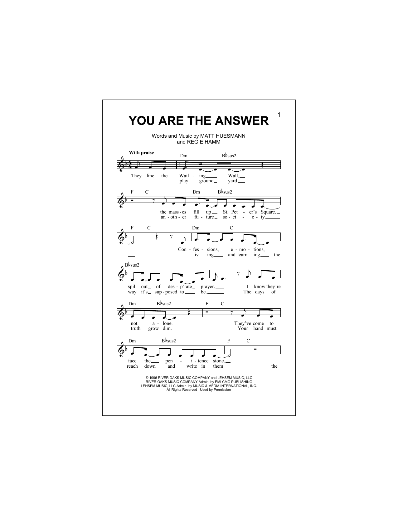 You Are The Answer (Lead Sheet / Fake Book) von Point Of Grace