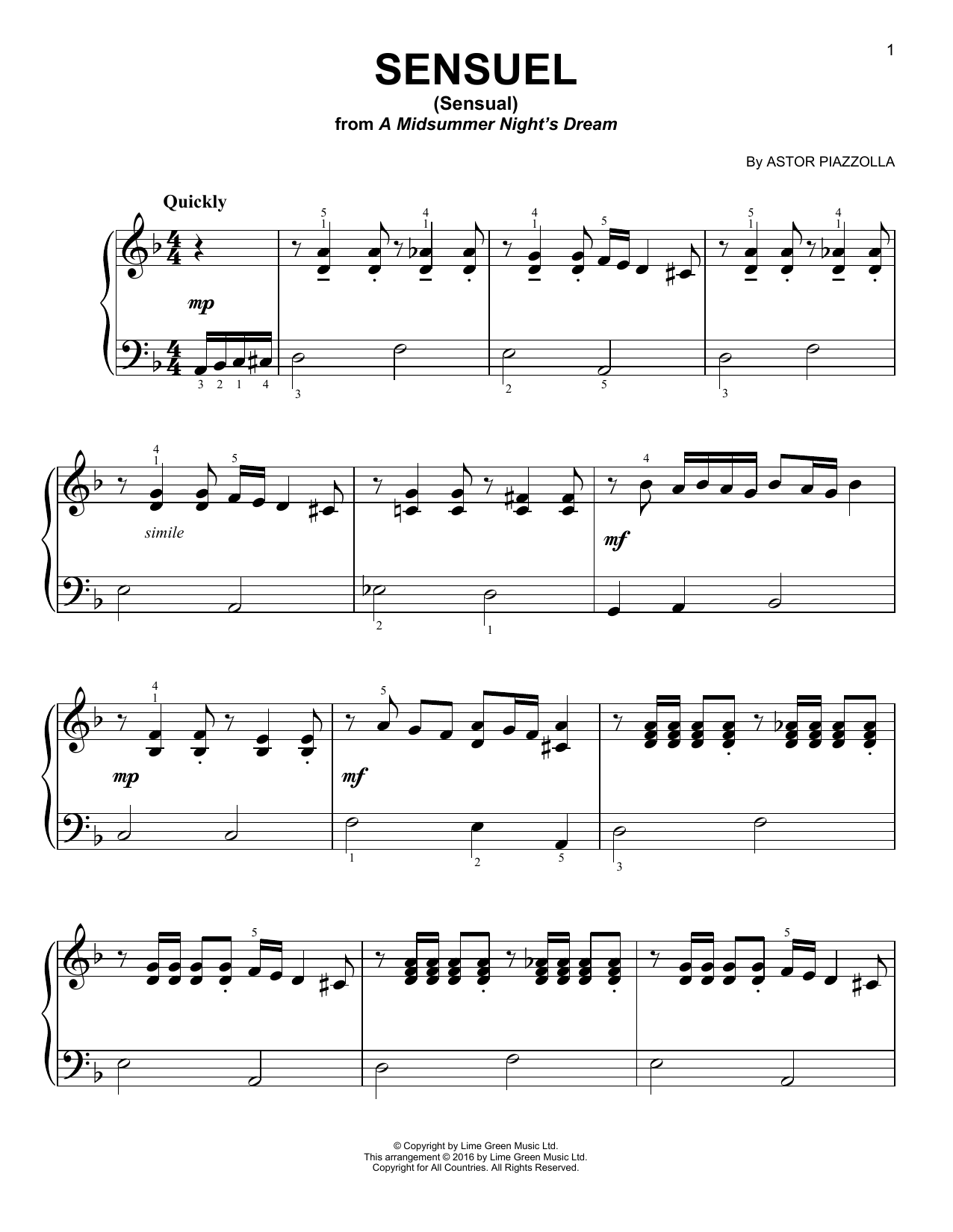 Sensuel (Easy Piano) von Astor Piazzolla