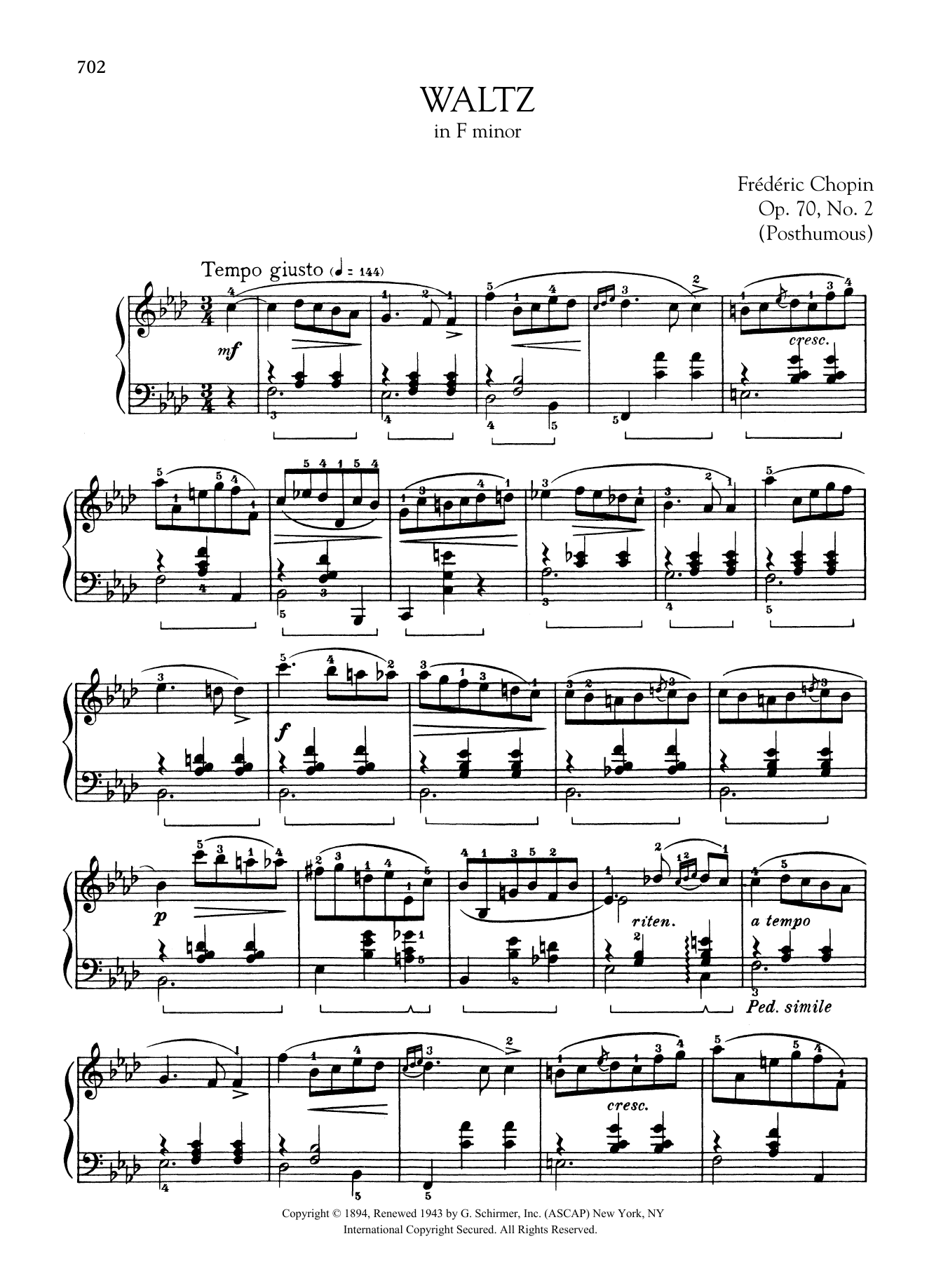 Waltz in F minor, Op. 70, No. 2 (Posthumous) (Piano Solo) von Frdric Chopin