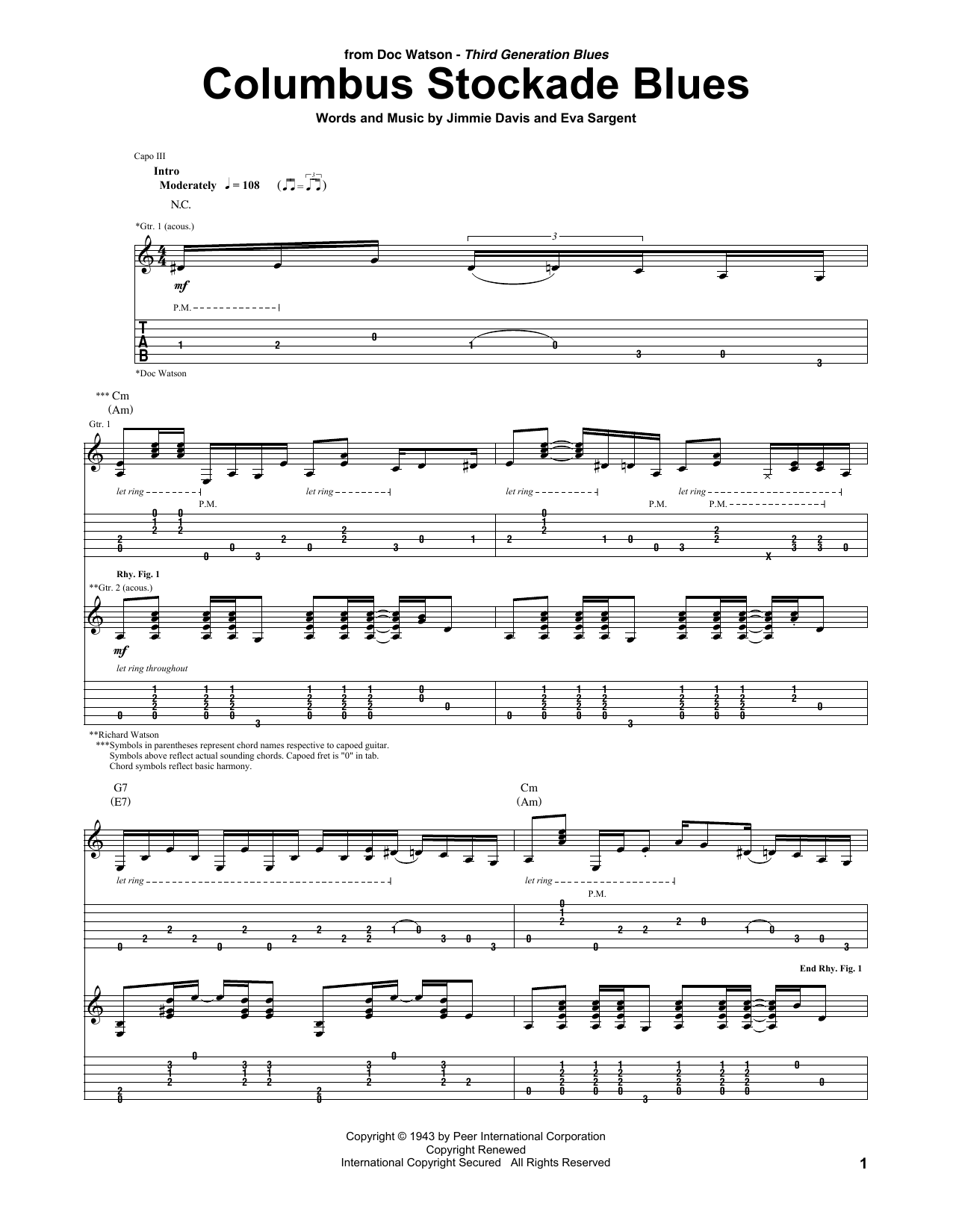 Columbus Stockade Blues (Guitar Tab) von Doc Watson