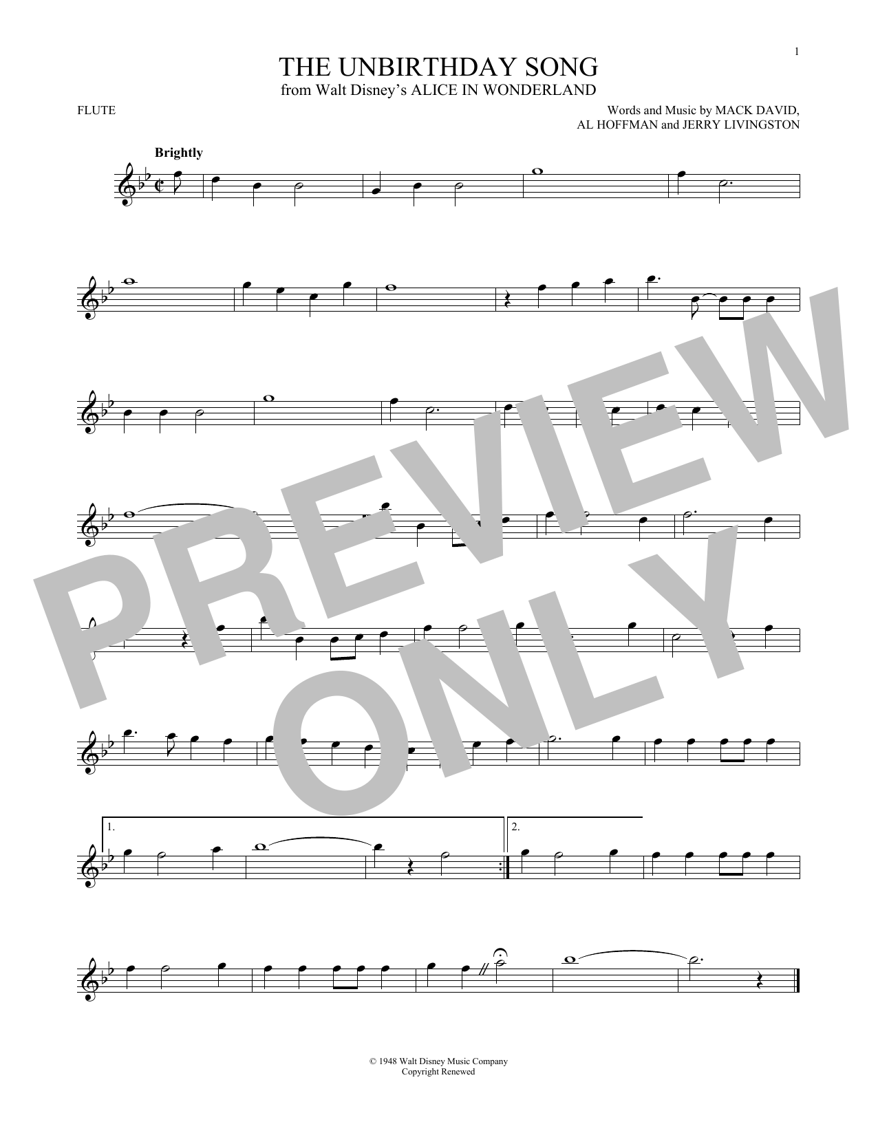 The Unbirthday Song (from Alice In Wonderland) (Flute Solo) von Mack David, Al Hoffman and Jerry Livingston