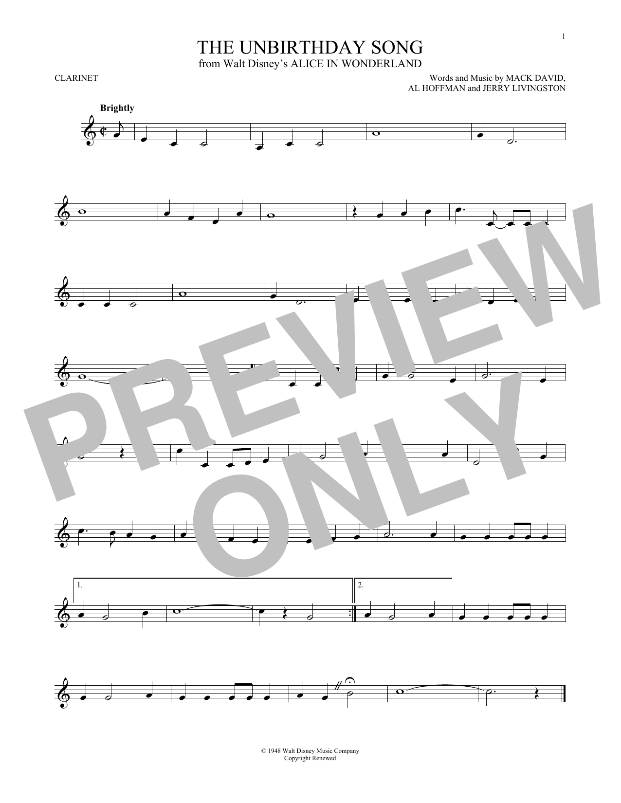 The Unbirthday Song (from Alice In Wonderland) (Clarinet Solo) von Mack David, Al Hoffman and Jerry Livingston