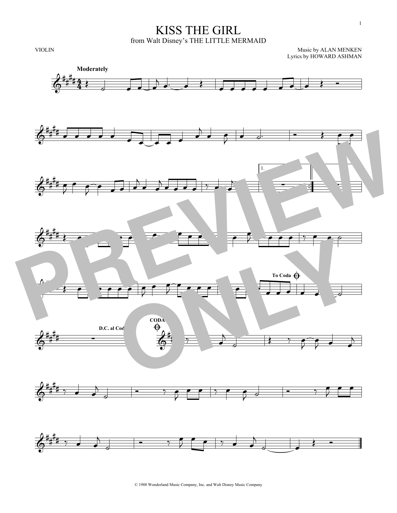 Kiss The Girl (from The Little Mermaid) (Violin Solo) von Alan Menken & Howard Ashman