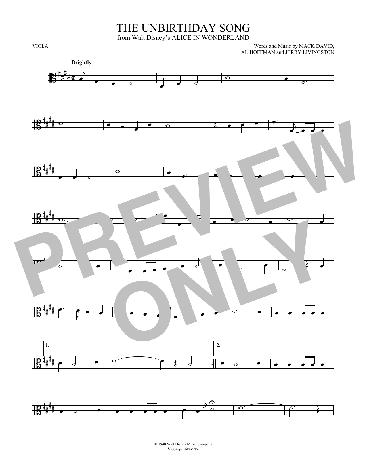 The Unbirthday Song (from Alice In Wonderland) (Viola Solo) von Mack David, Al Hoffman and Jerry Livingston