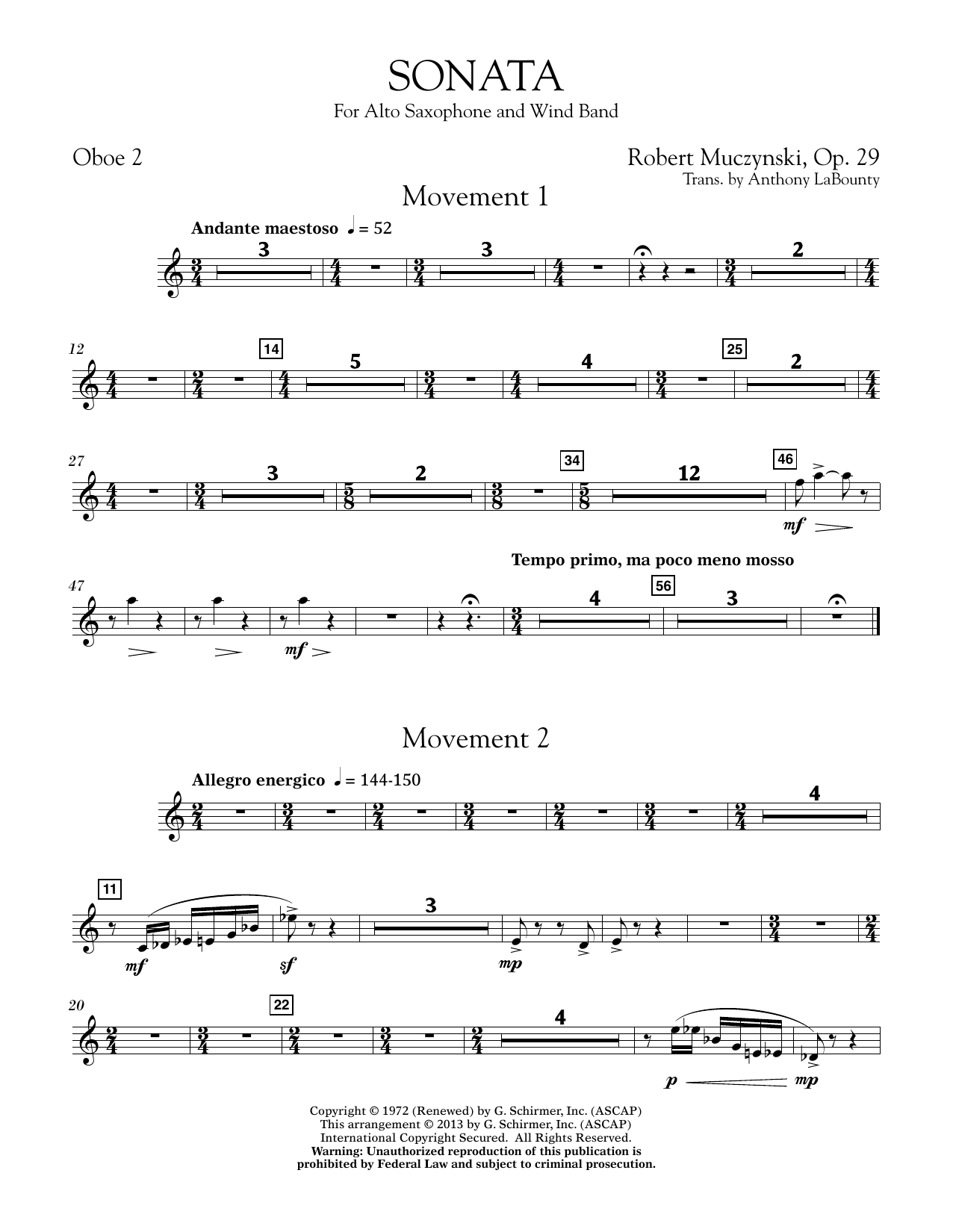 Sonata for Alto Saxophone, Op. 29 - Oboe 2 (Concert Band) von Anthony LaBounty