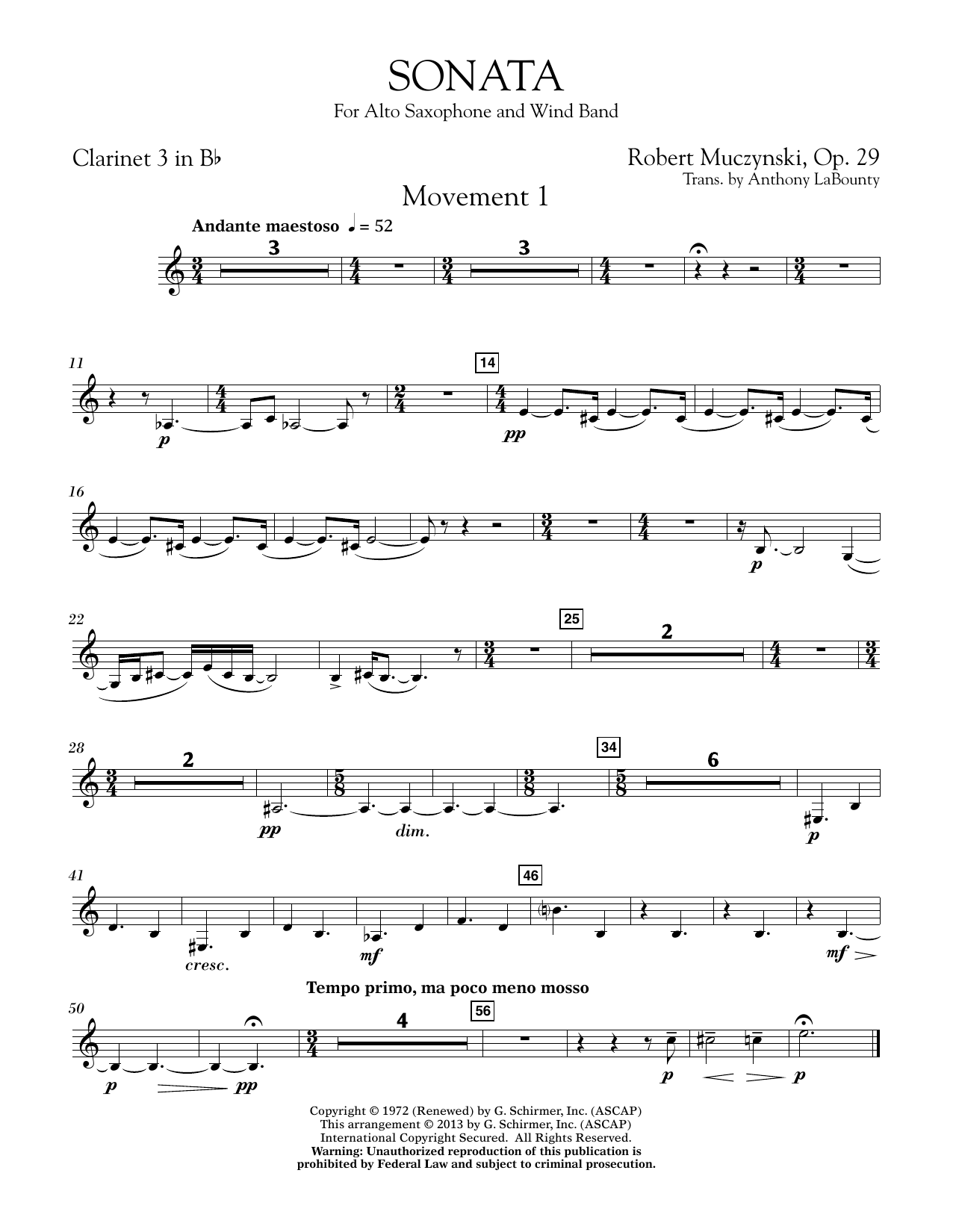 Sonata for Alto Saxophone, Op. 29 - Bb Clarinet 3 (Concert Band) von Anthony LaBounty