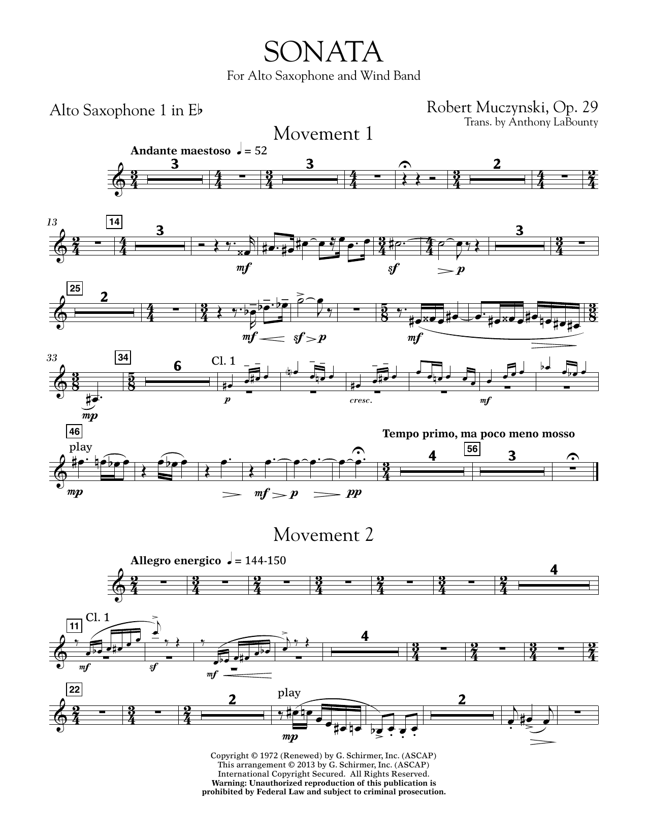 Sonata for Alto Saxophone, Op. 29 - Eb Alto Saxophone 1 (Concert Band) von Anthony LaBounty