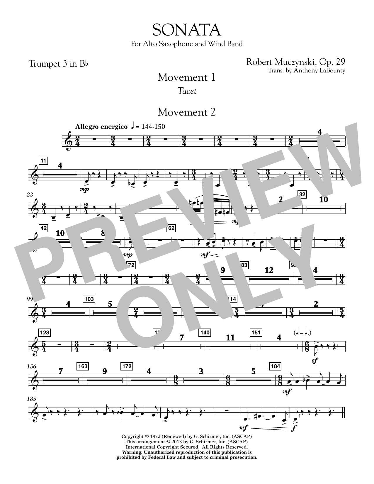 Sonata for Alto Saxophone, Op. 29 - Bb Trumpet 3 (Concert Band) von Anthony LaBounty