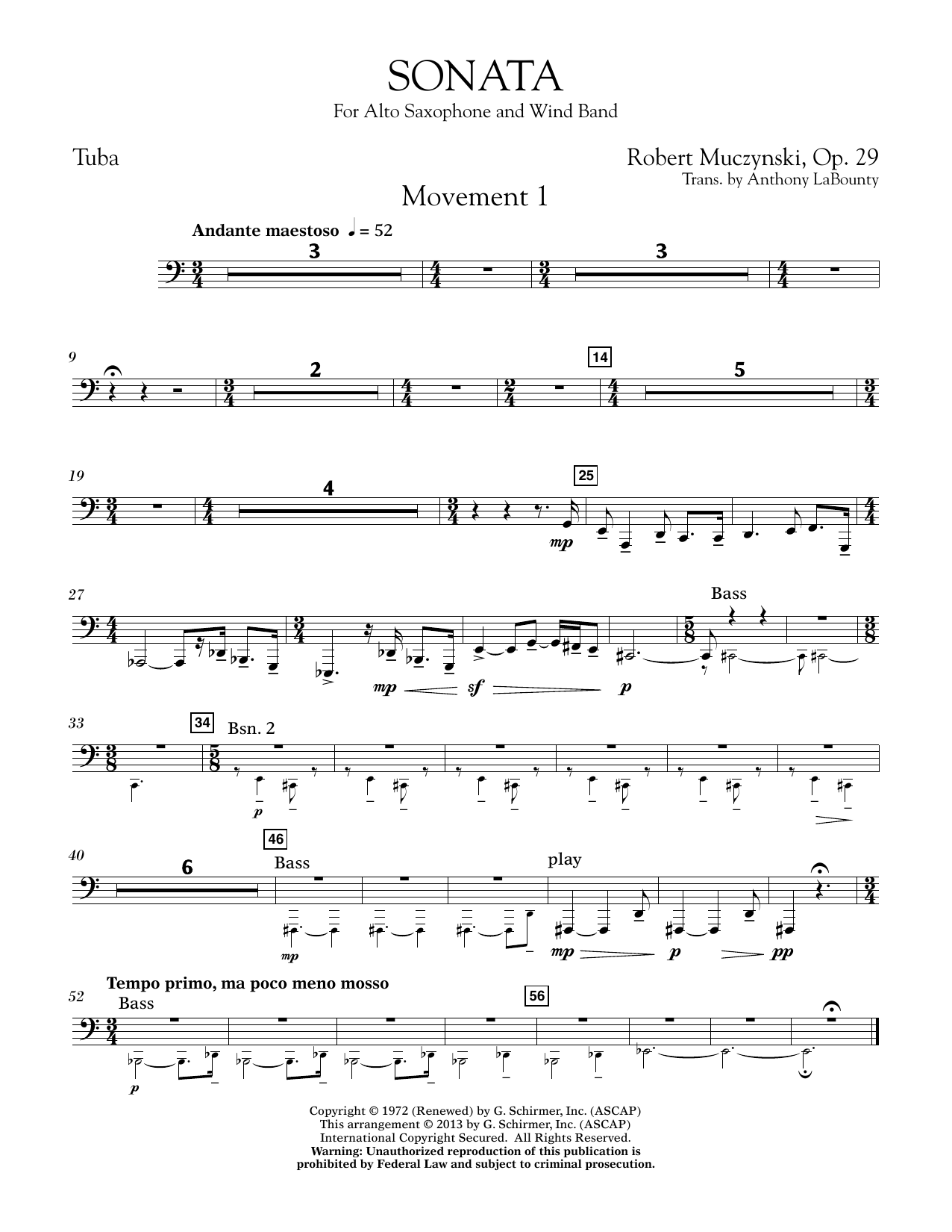 Sonata for Alto Saxophone, Op. 29 - Tuba (Concert Band) von Anthony LaBounty