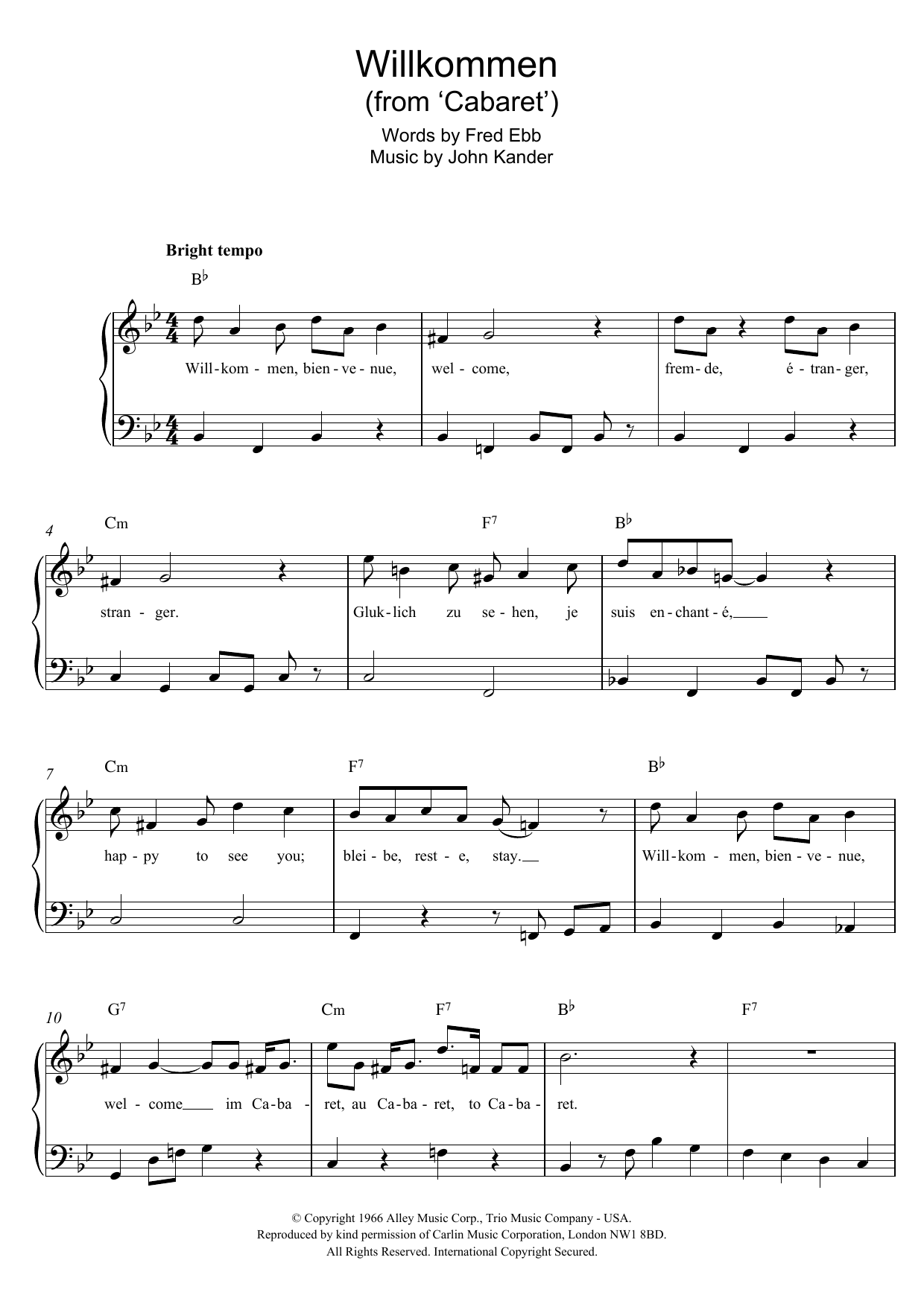 Willkommen (from Cabaret) (Easy Piano) von Kander & Ebb