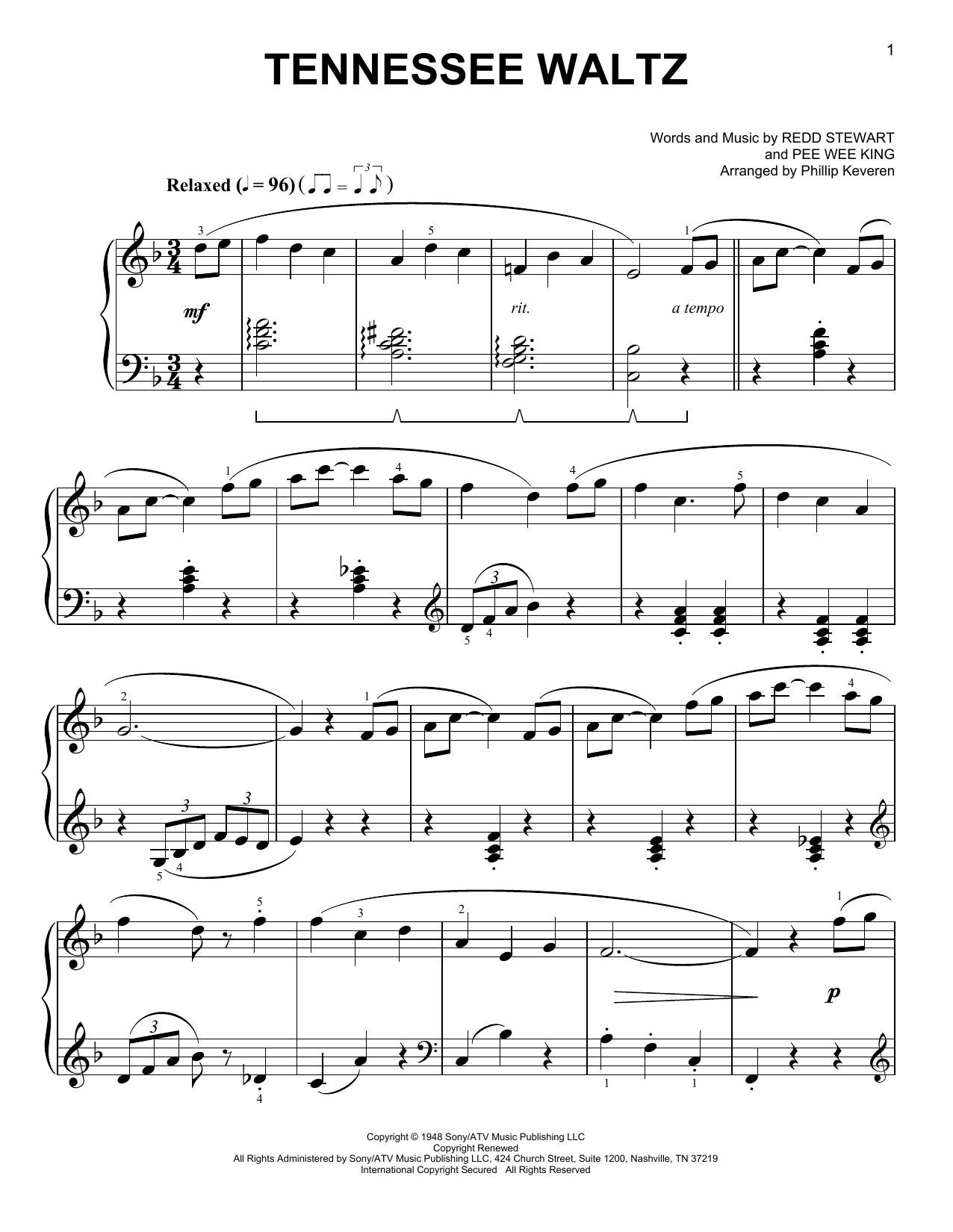 Tennessee Waltz [Classical version] (arr. Phillip Keveren) (Easy Piano) von Patti Page