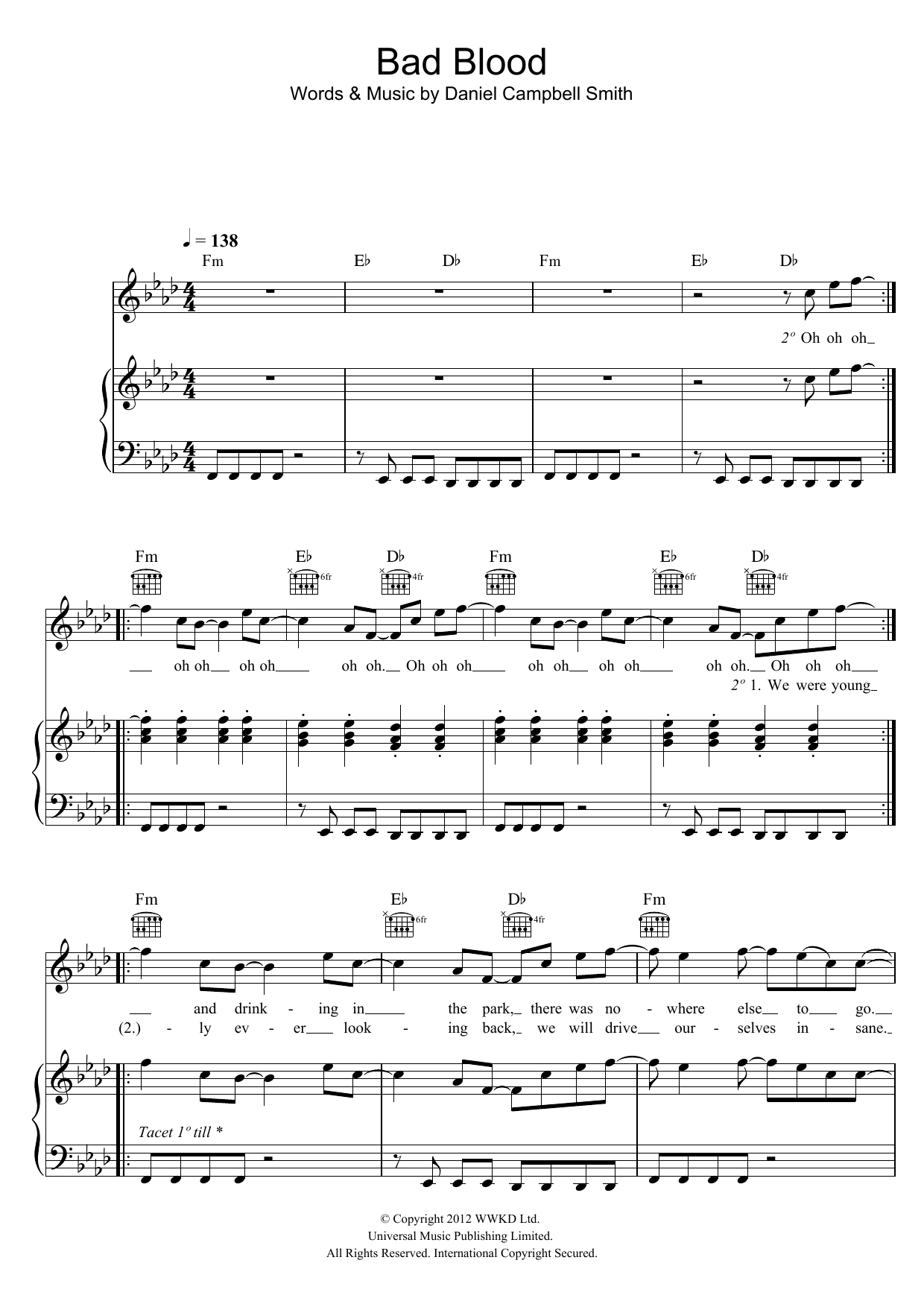 Bad Blood (Piano, Vocal & Guitar Chords) von Bastille