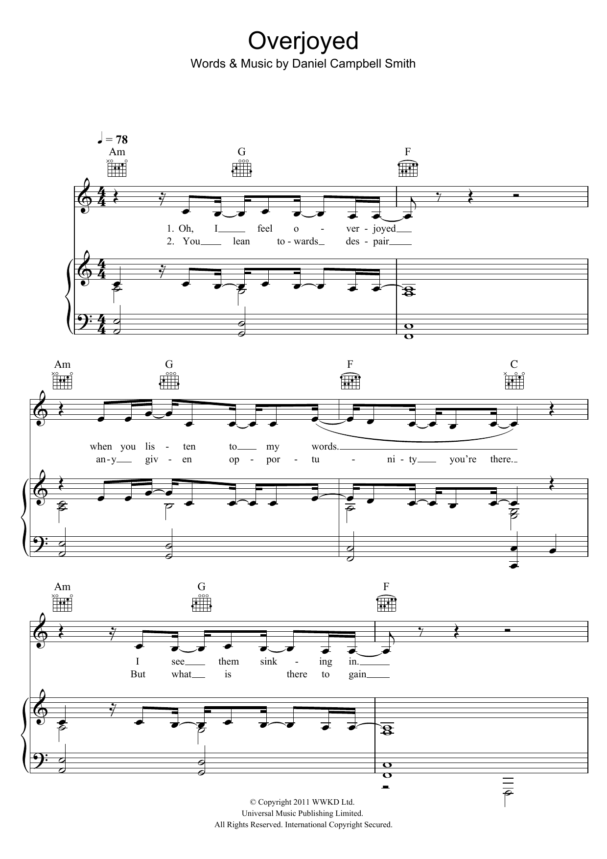 Overjoyed (Piano, Vocal & Guitar Chords) von Bastille