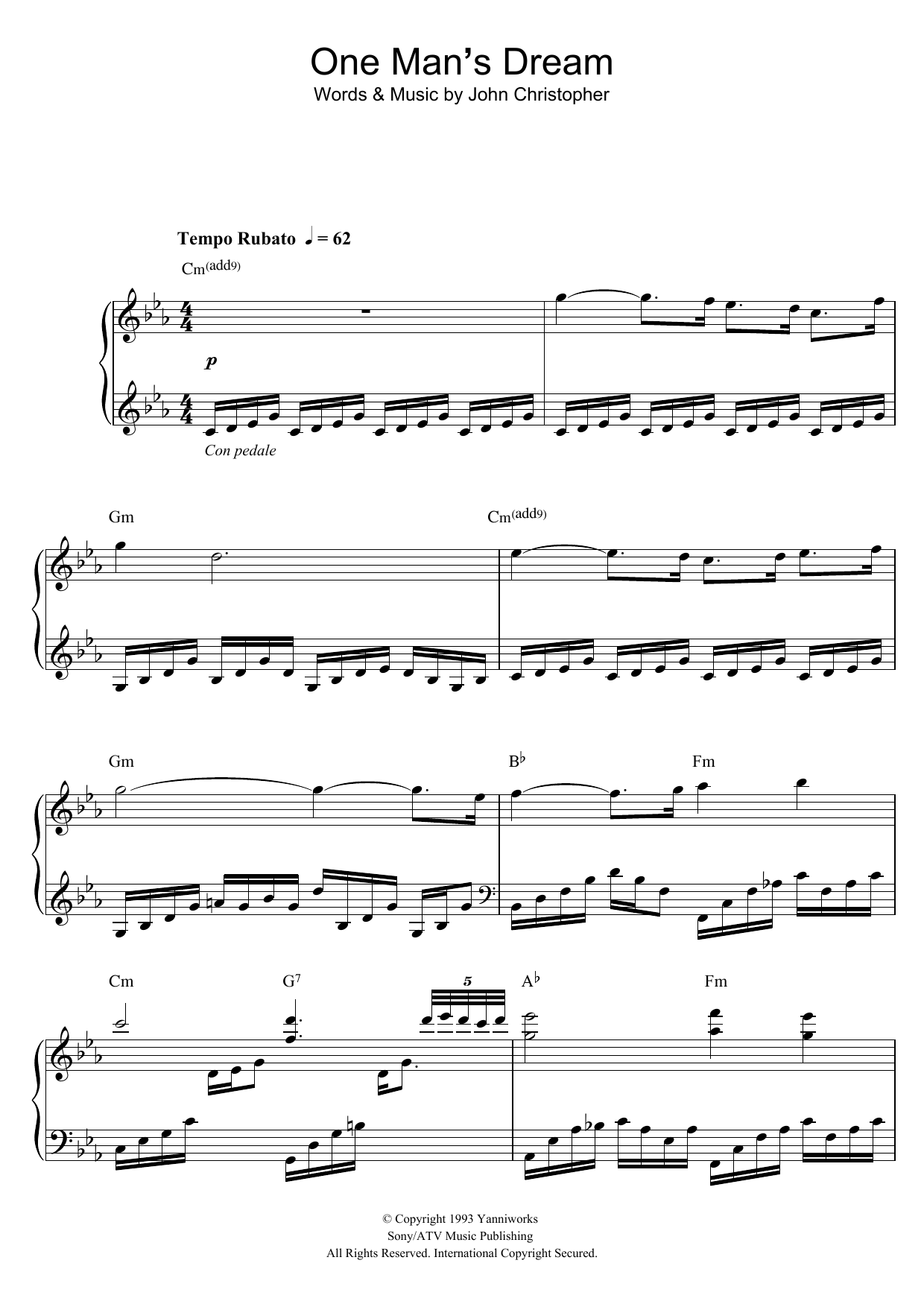 One Man's Dream (Piano, Vocal & Guitar Chords) von Yanni