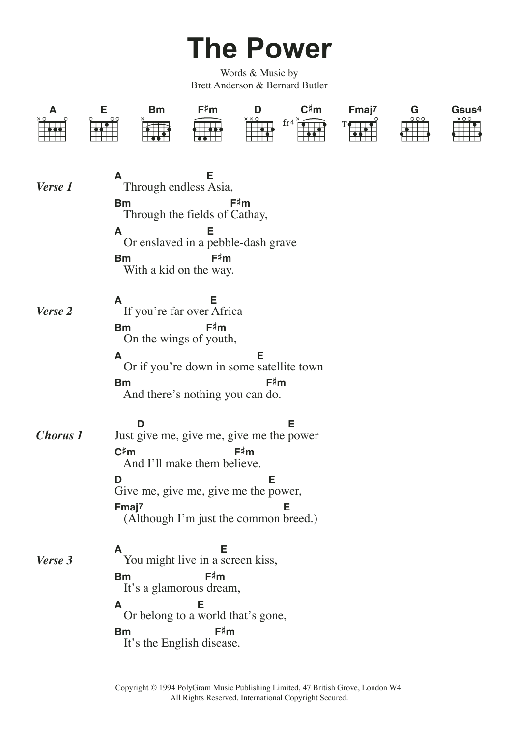 The Power (Guitar Chords/Lyrics) von Suede