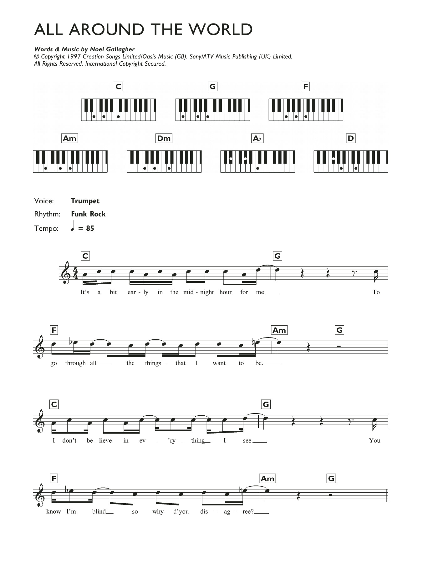 All Around The World (Piano Chords/Lyrics) von Oasis