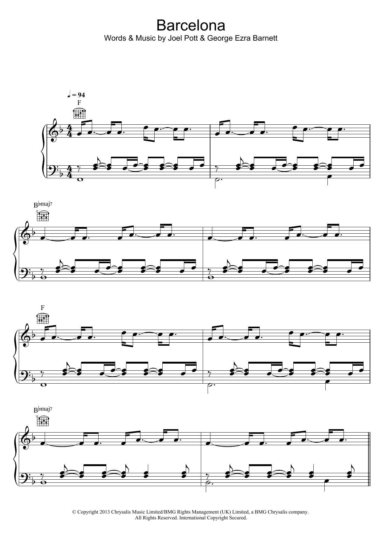 Barcelona (Piano, Vocal & Guitar Chords) von George Ezra