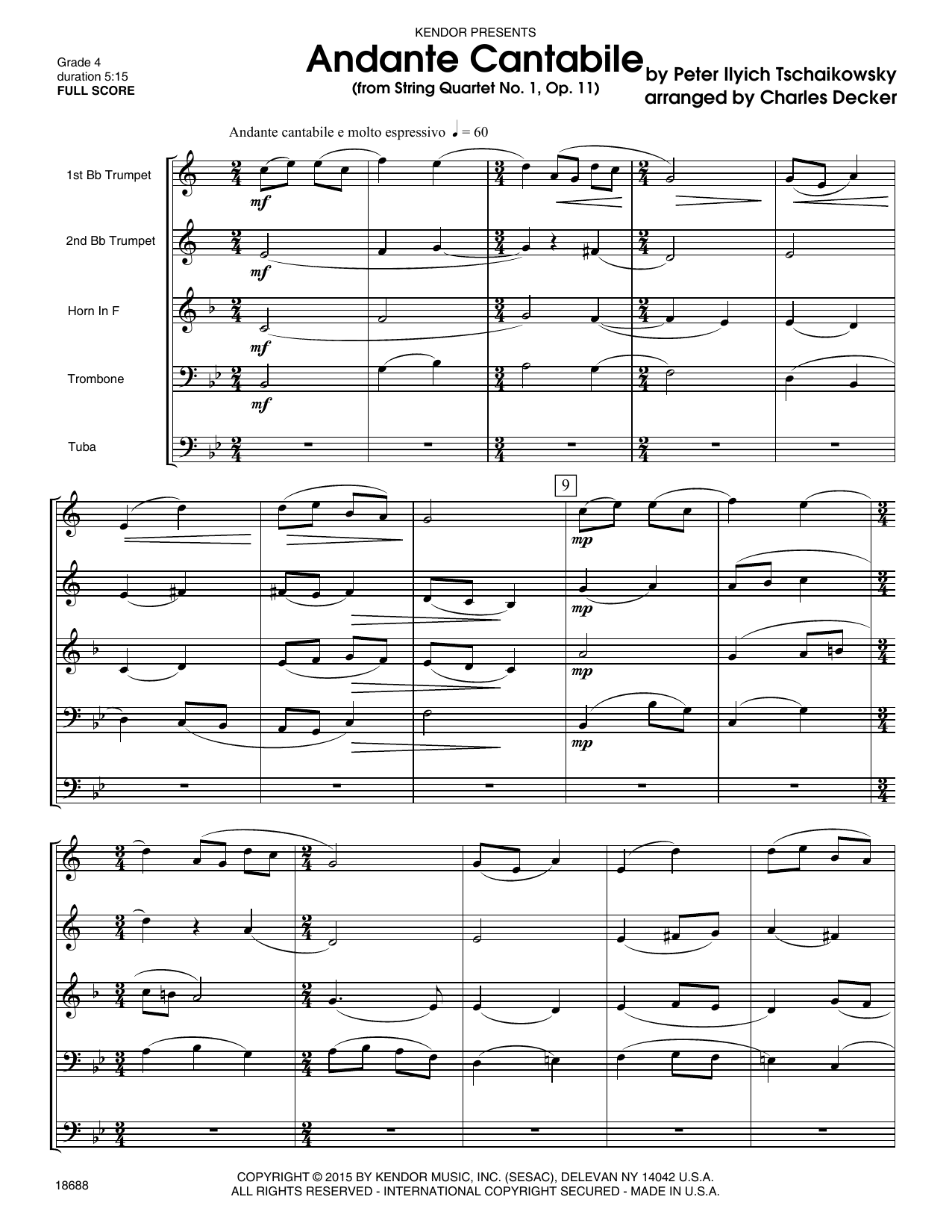 Andante Cantabile (from String Quartet No. 1, Op. 11) - Full Score (Brass Ensemble) von Charles Decker