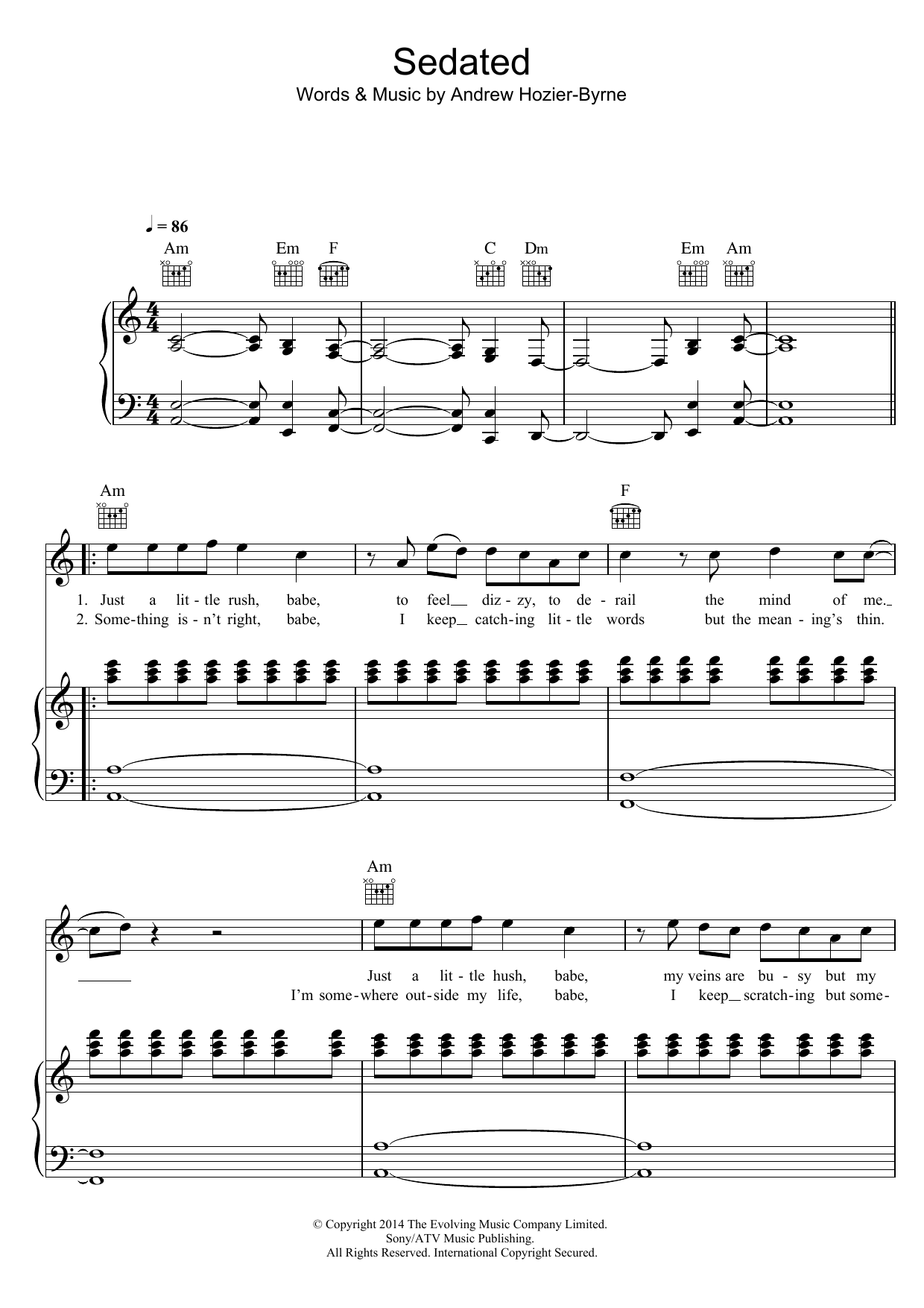 Sedated (Piano, Vocal & Guitar Chords) von Hozier
