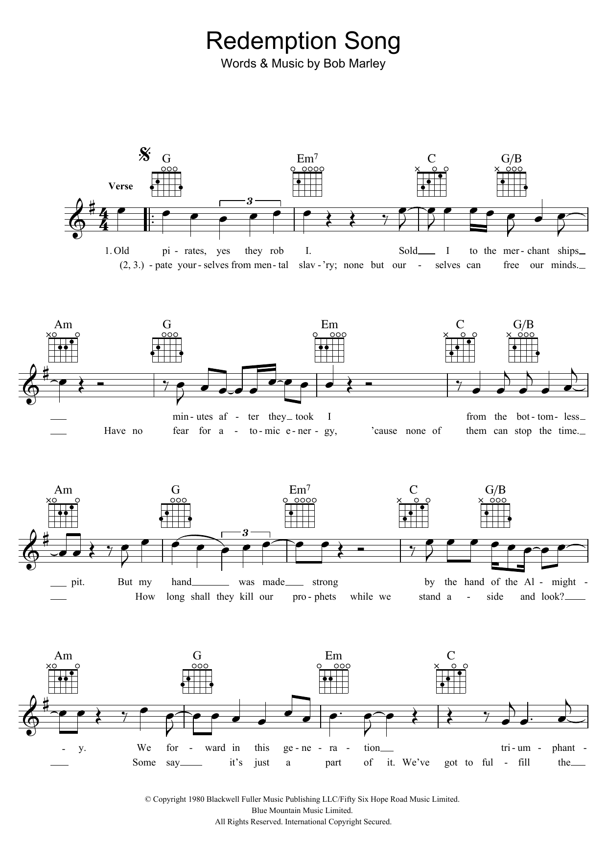 Redemption Song (Lead Sheet / Fake Book) von Bob Marley