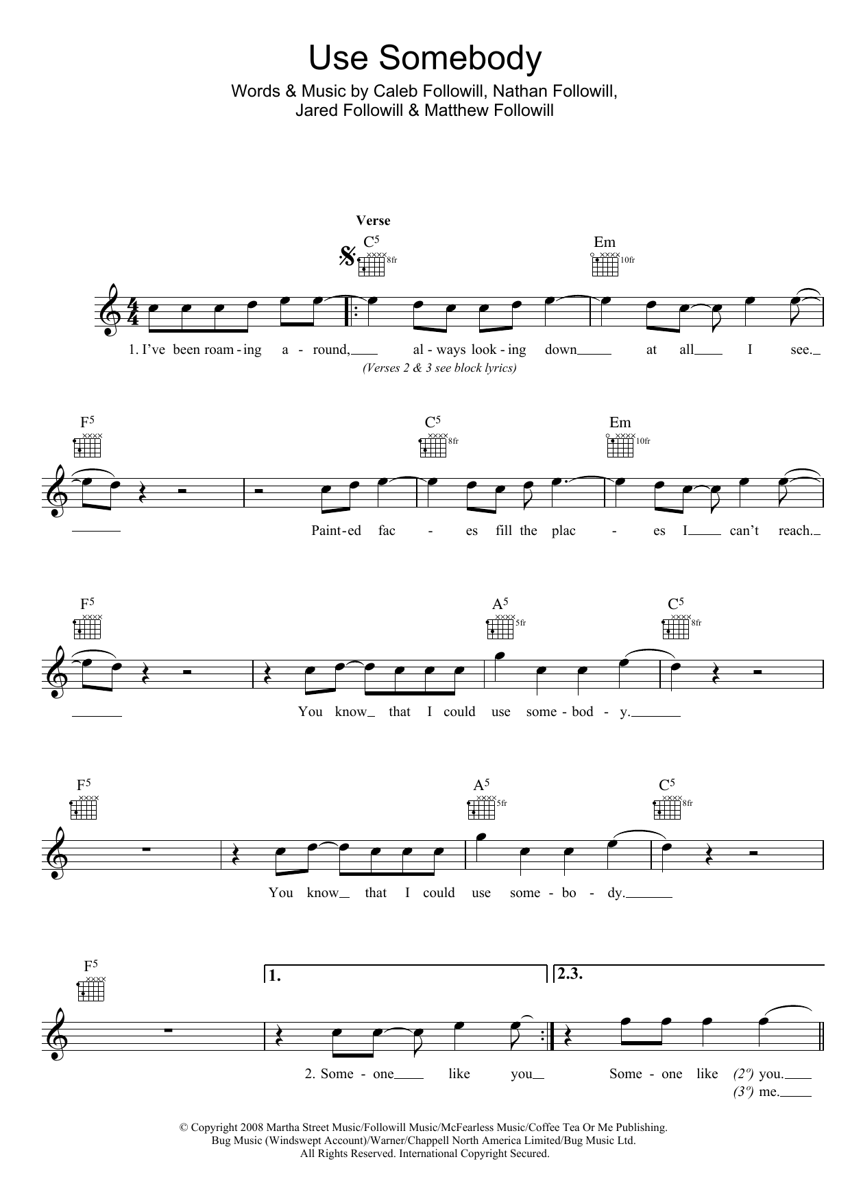 Use Somebody (Lead Sheet / Fake Book) von Kings Of Leon
