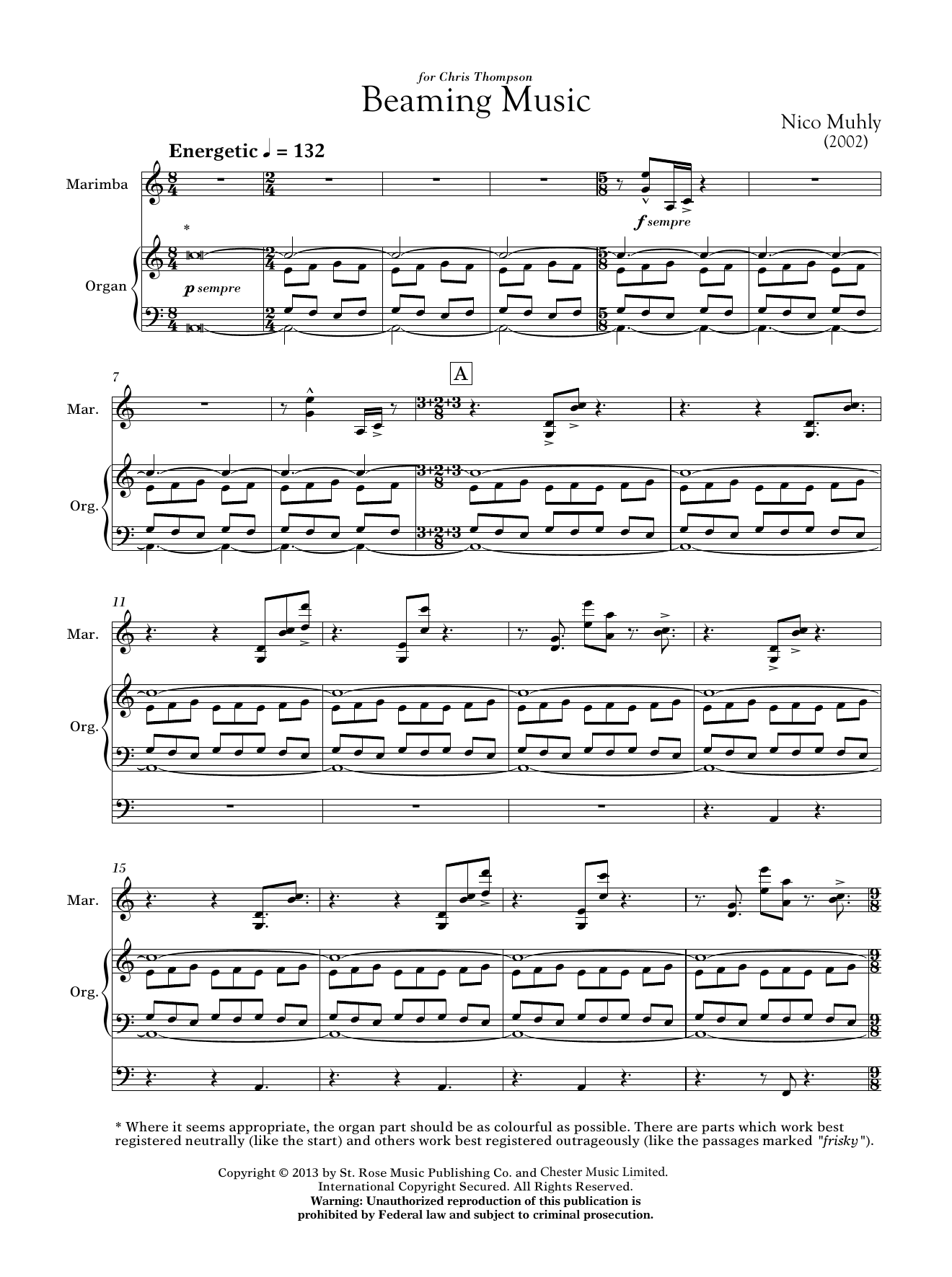 Beaming Music (for Marimba and Organ) (Performance Ensemble) von Nico Muhly