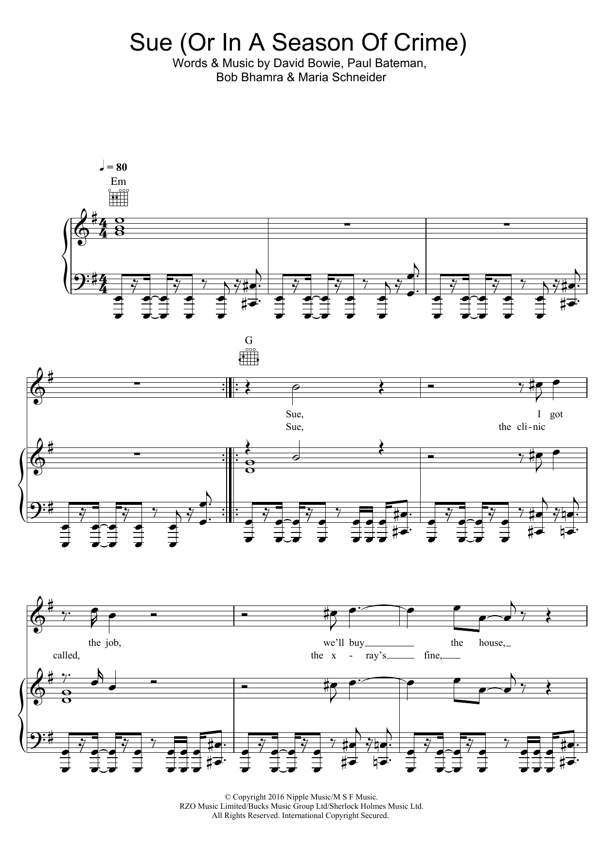 Sue (Or In A Season Of Crime) (Piano, Vocal & Guitar Chords) von David Bowie