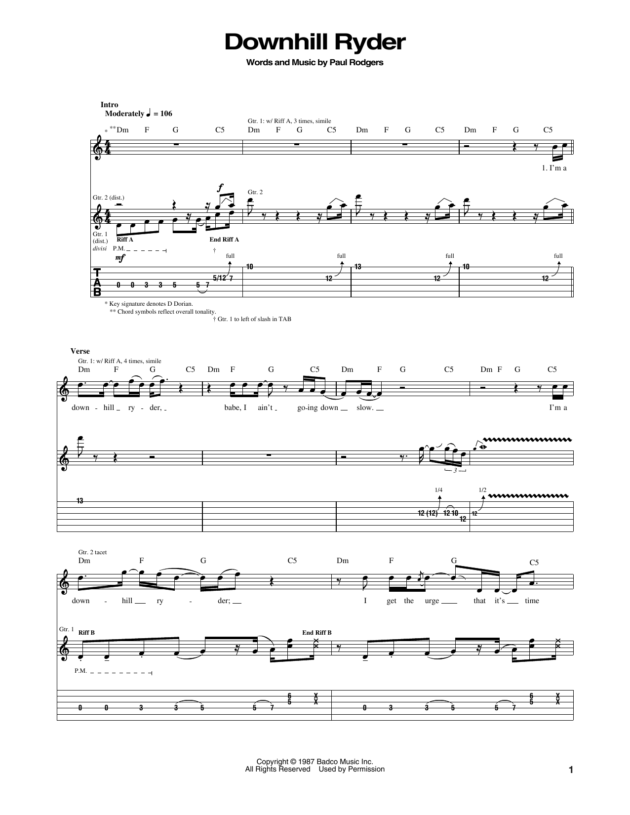 Downhill Ryder (Guitar Tab) von Bad Company