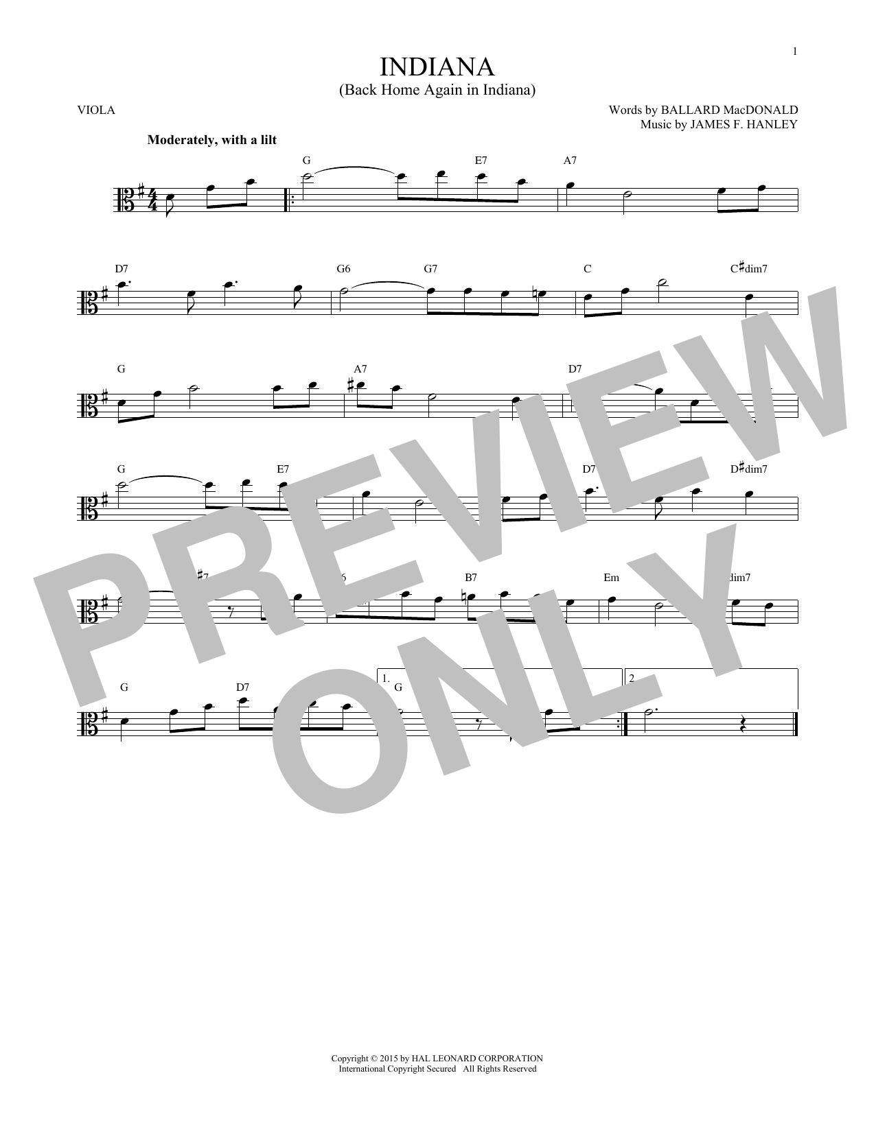 Indiana (Back Home Again In Indiana) (Viola Solo) von James F. Hanley