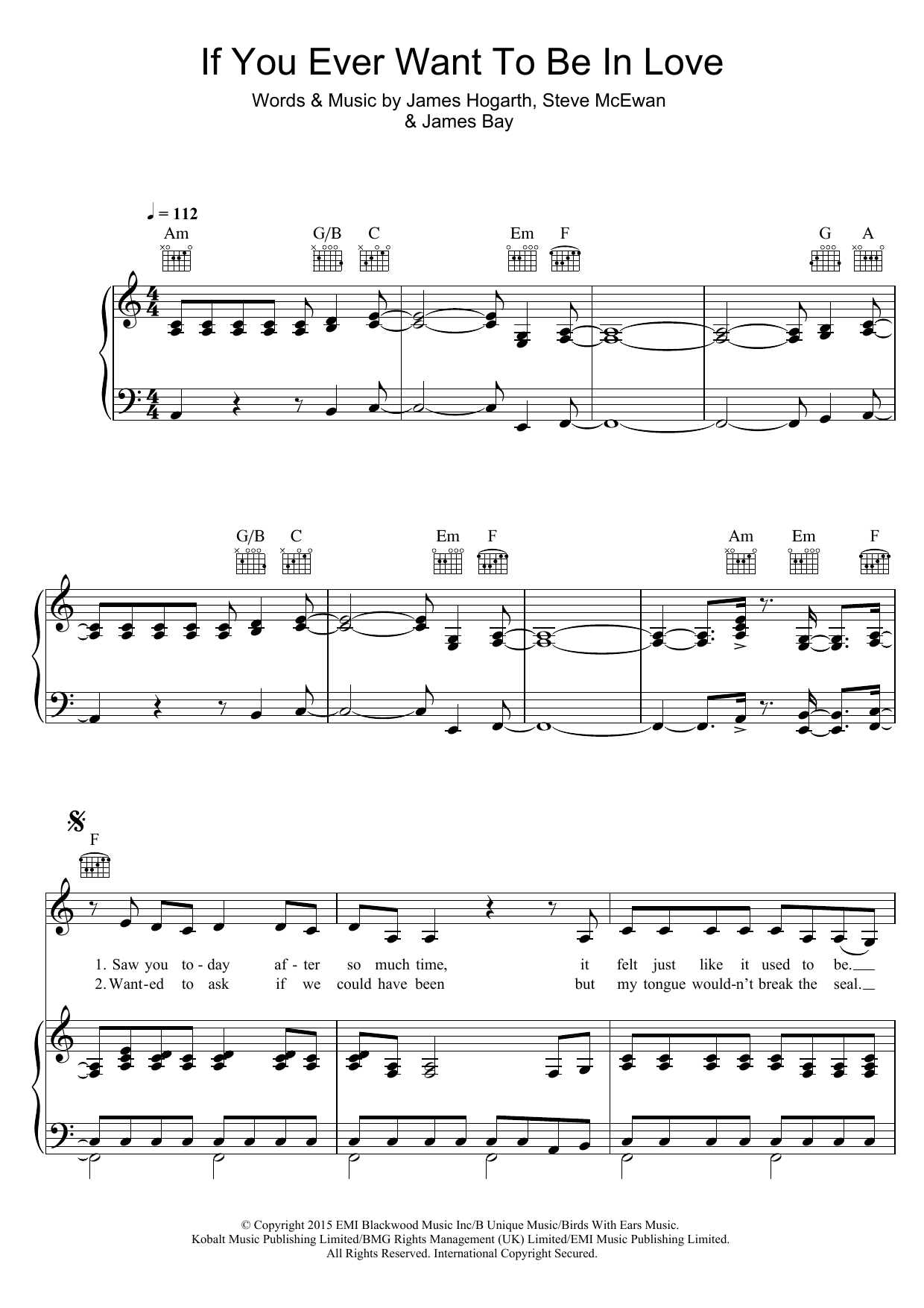 If You Ever Want To Be In Love (Piano, Vocal & Guitar Chords) von James Bay