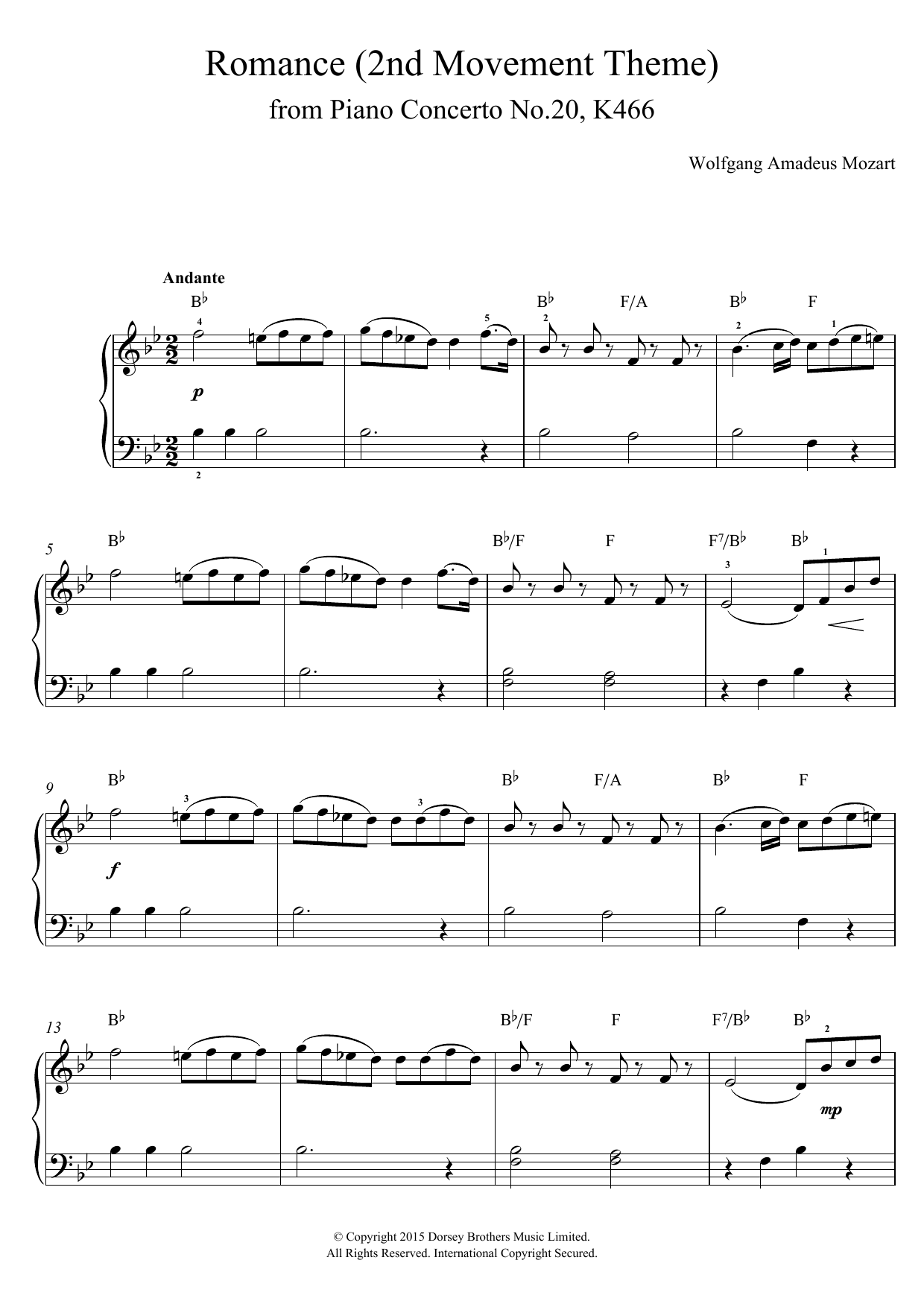 Romance (2nd Movement Theme) from Piano Concerto No.20, K466 (Piano, Vocal & Guitar Chords) von Wolfgang Amadeus Mozart