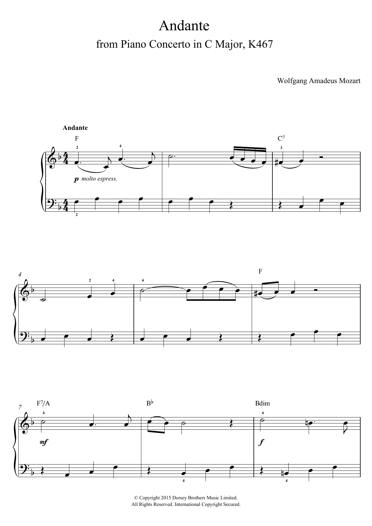 Andante from Piano Concerto in C Major (Elvira Madigan) K467 (Piano, Vocal & Guitar Chords) von Wolfgang Amadeus Mozart