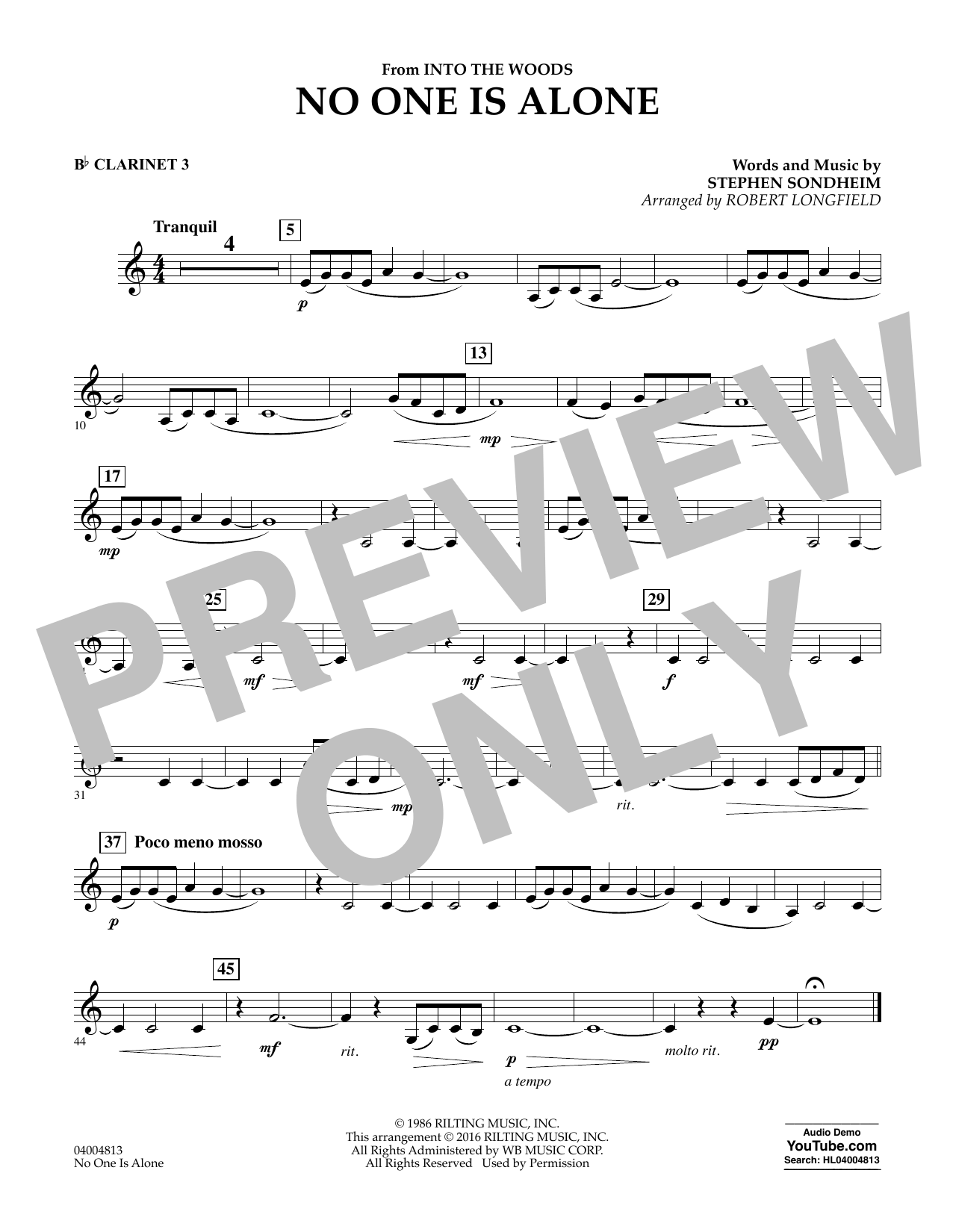 No One Is Alone - Bb Clarinet 3 (Concert Band) von Robert Longfield