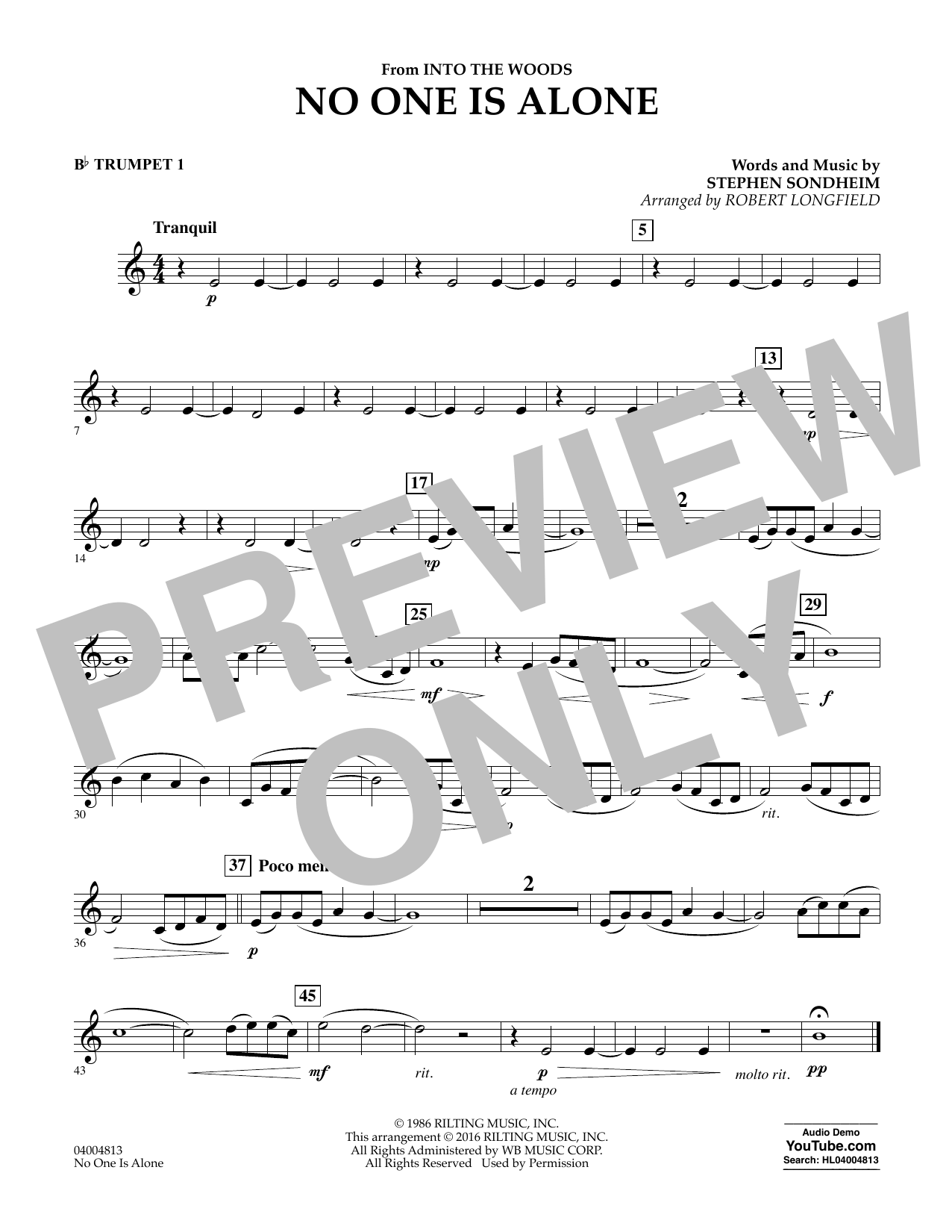 No One Is Alone - Bb Trumpet 1 (Concert Band) von Robert Longfield