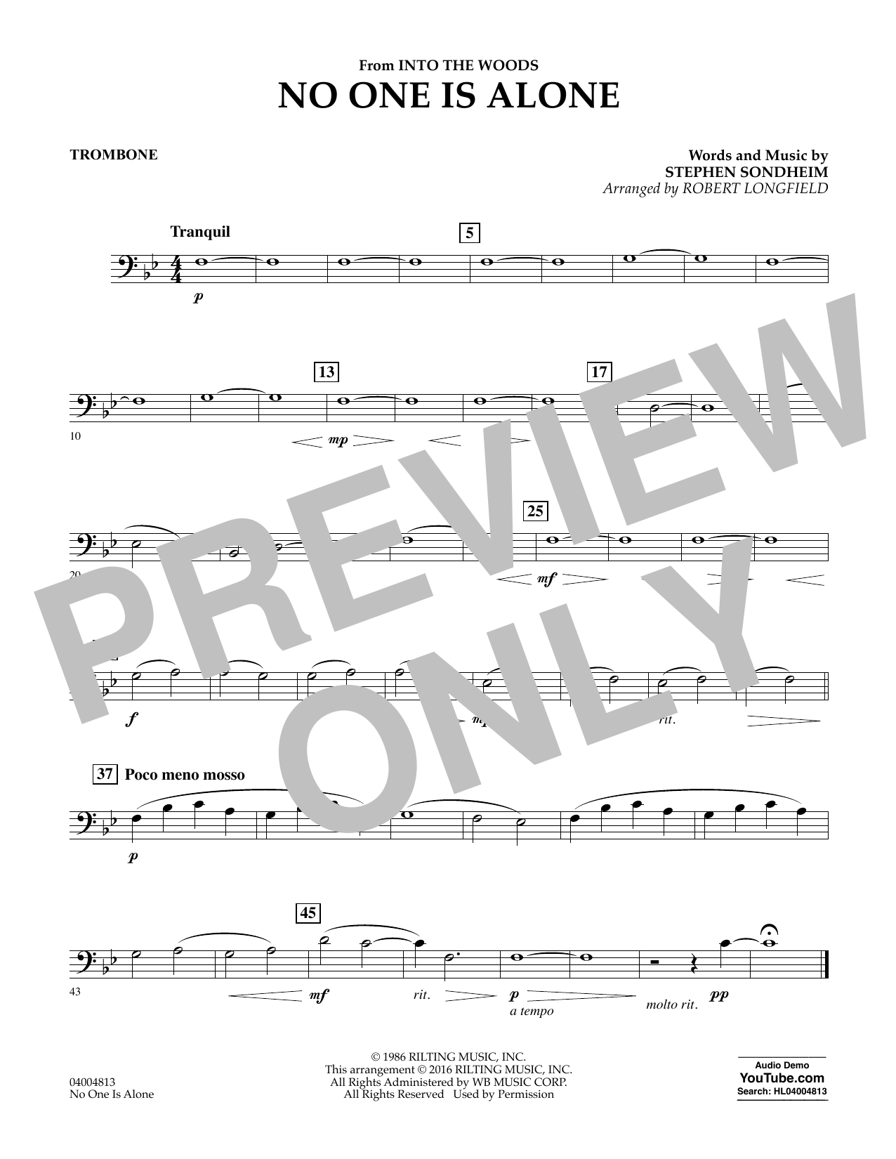 No One Is Alone - Trombone (Concert Band) von Robert Longfield