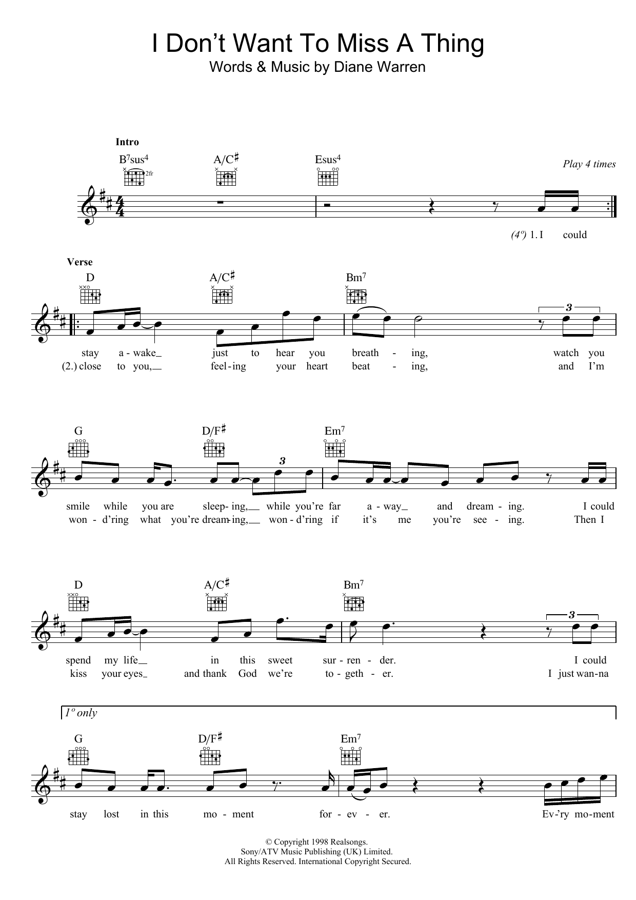 I Don't Want To Miss A Thing (Lead Sheet / Fake Book) von Aerosmith