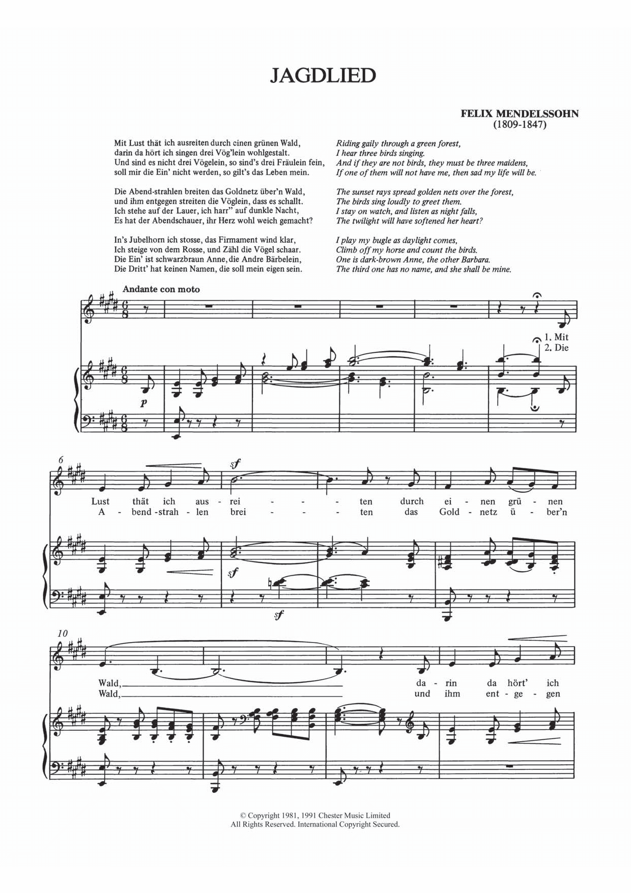 Jagdlied (Piano & Vocal) von Felix Mendelssohn