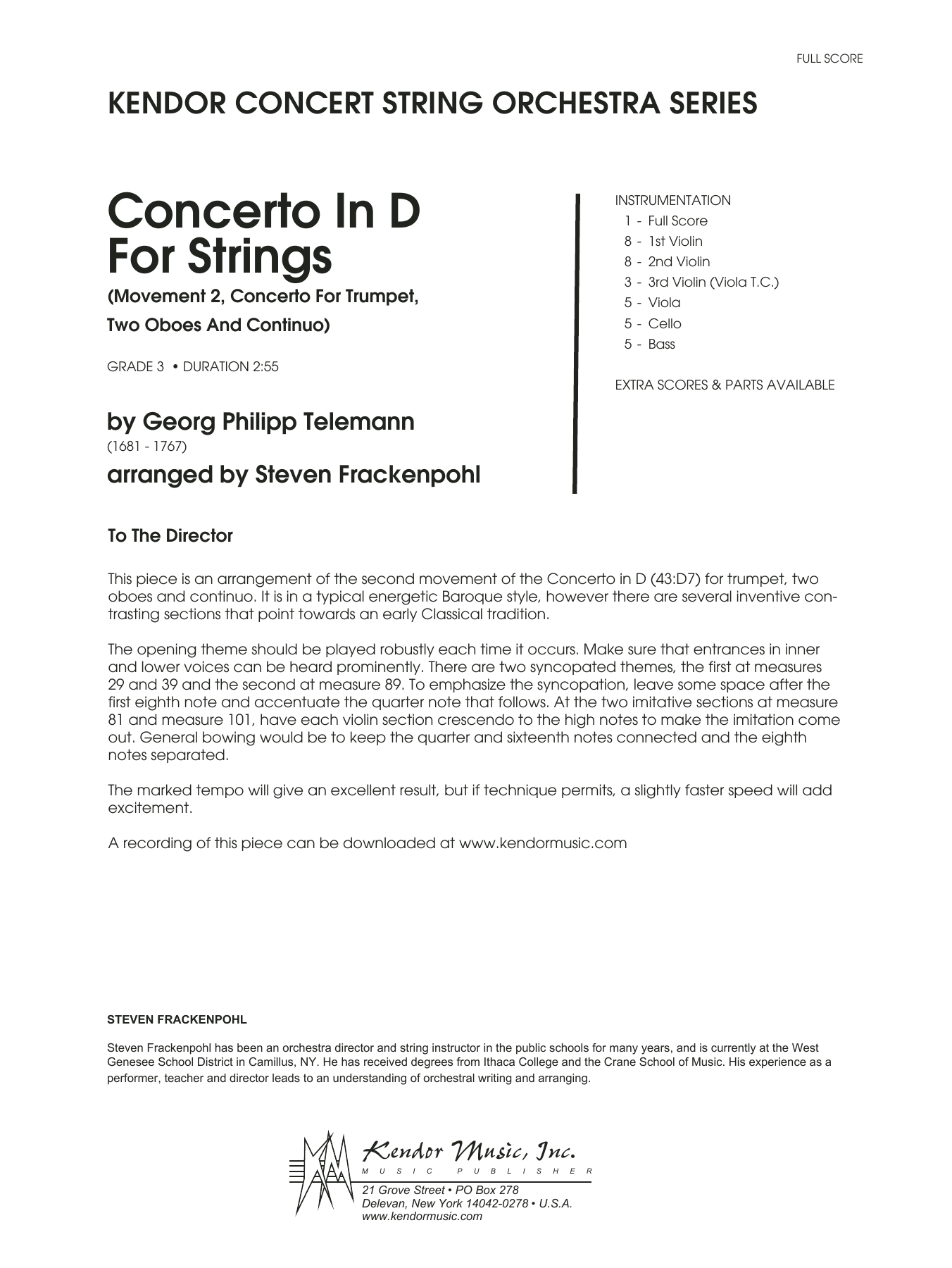 Concerto In D For Strings (Mov II Concerto For Trumpet, 2 Oboes & Continuo) - Full Score (Orchestra) von Steve Frackenpohl