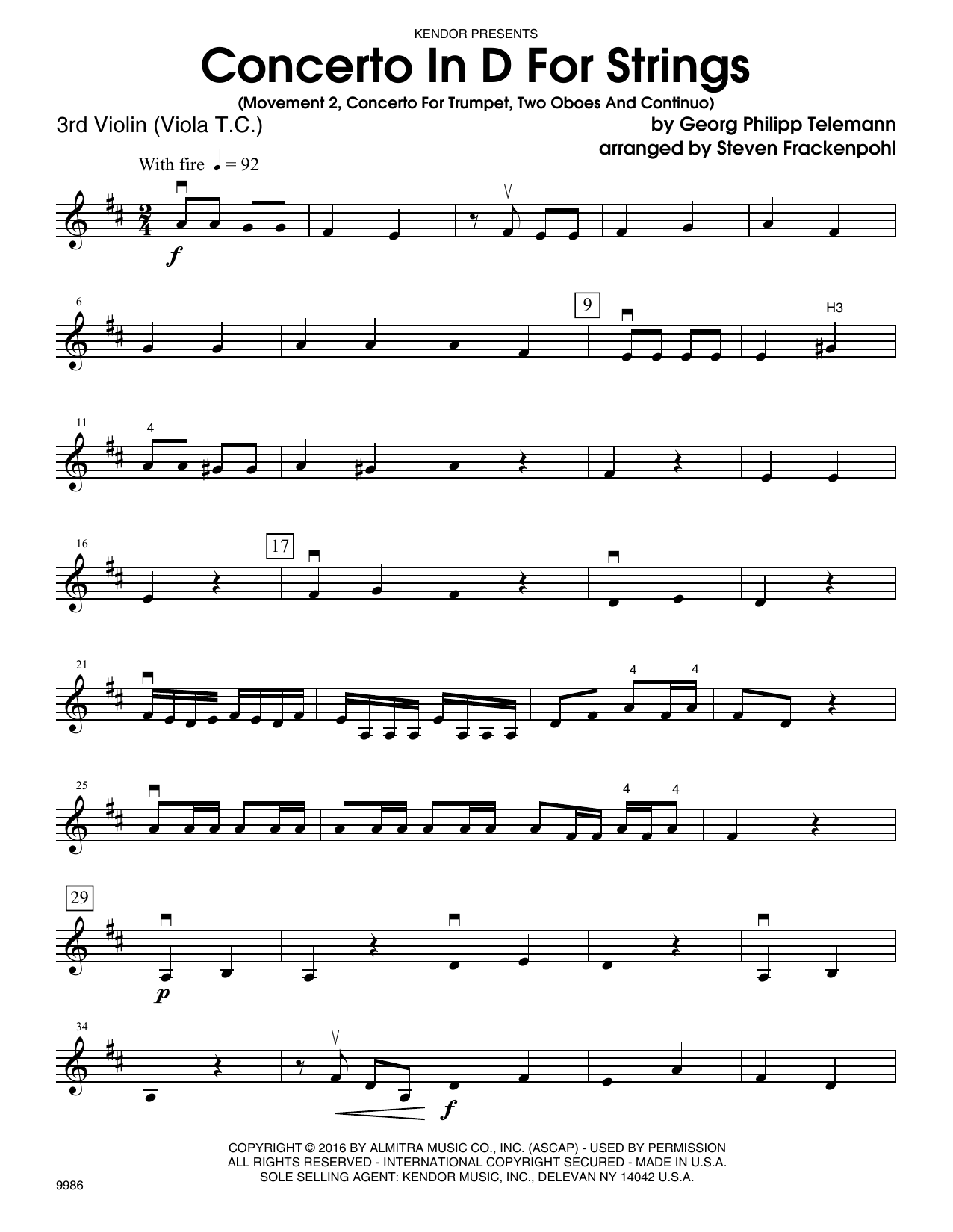 Concerto In D For Strings (Mov II Concerto For Trumpet, 2 Oboes & Continuo) - Violin 3 (Viola T.C.) (Orchestra) von Steve Frackenpohl