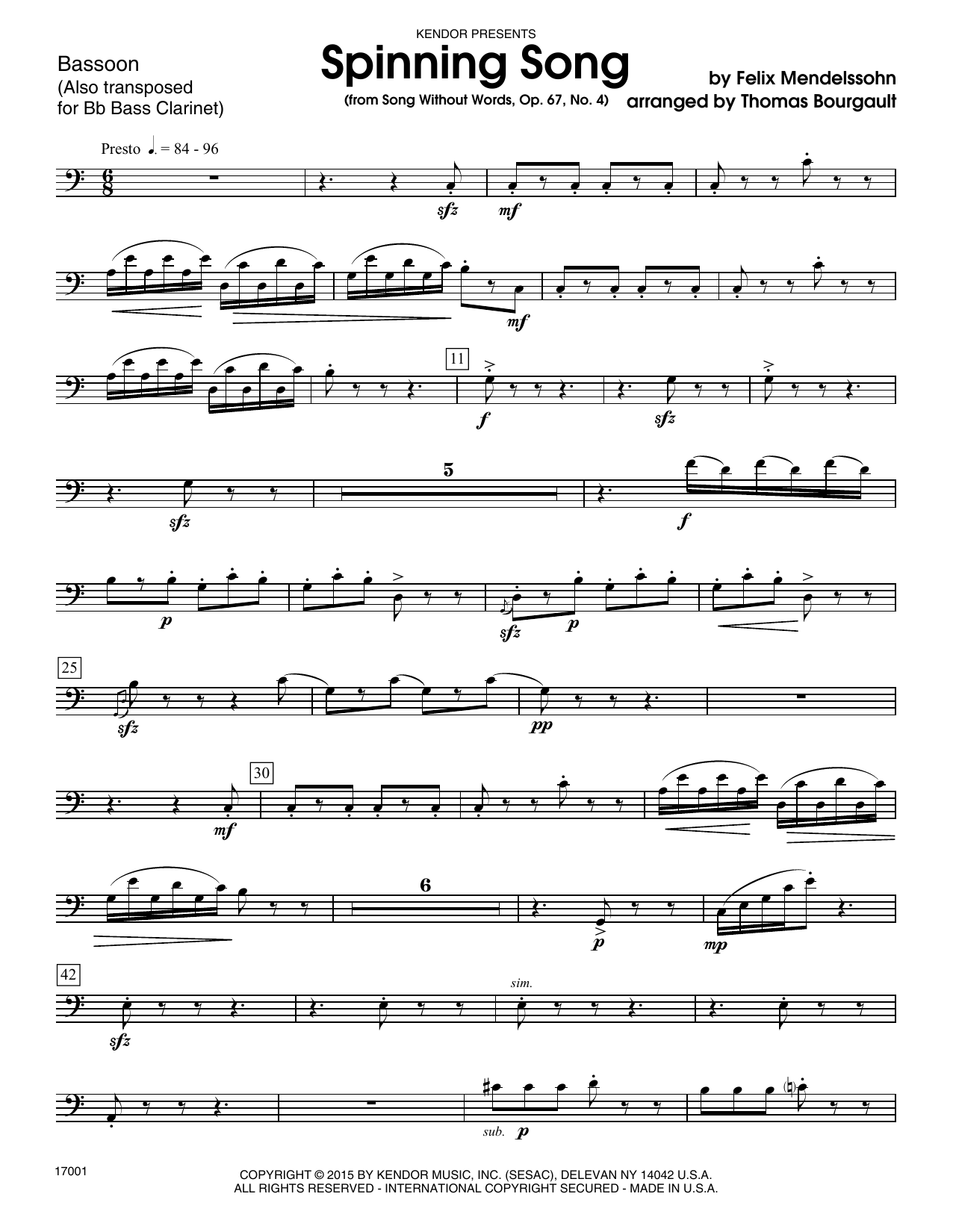 Spinning Song (from Song Without Words, Op. 67, No. 4) - Opt. Bass Clarinet (Woodwind Ensemble) von Thomas Bourgault