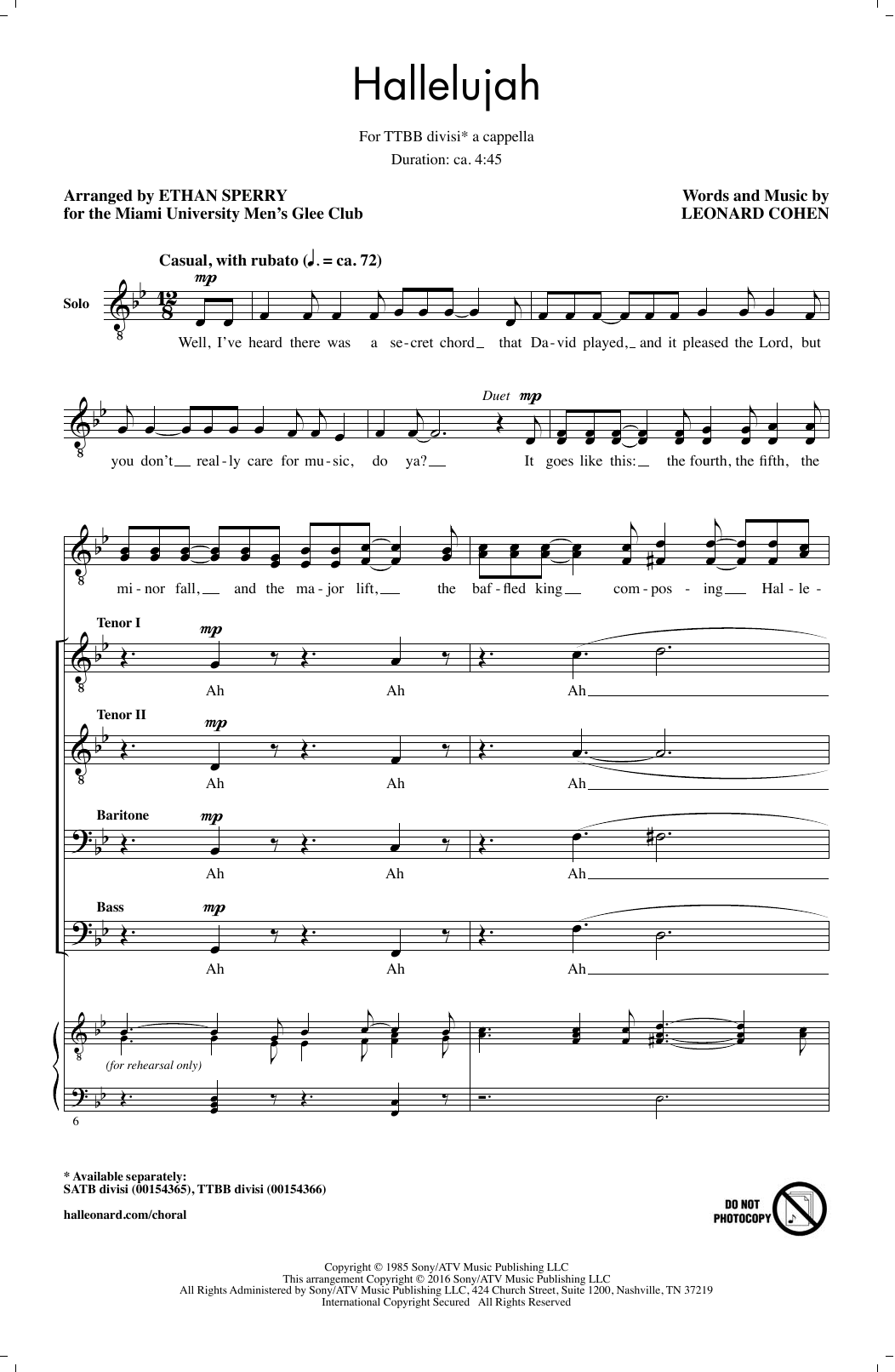Hallelujah (arr. Ethan Sperry) (TTBB Choir) von Leonard Cohen