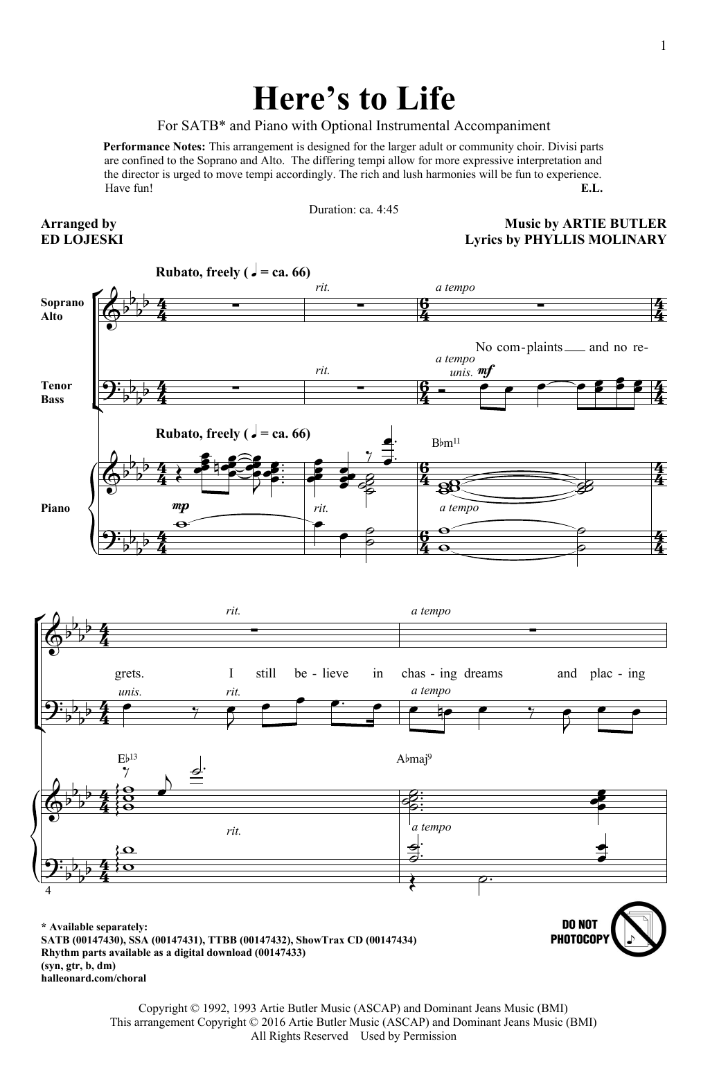 Here's To Life (SATB Choir) von Ed Lojeski